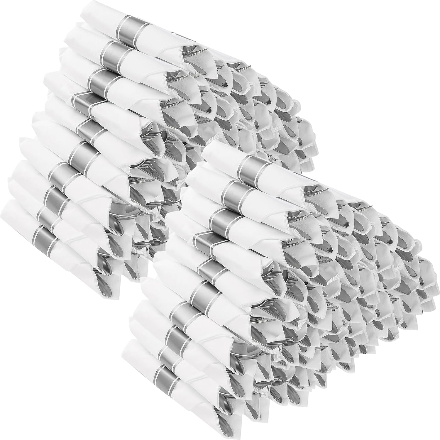 Detalle de Goodluck 100 Pack Pre-Rolled Silver Plastic Cutlery Set with Napkins