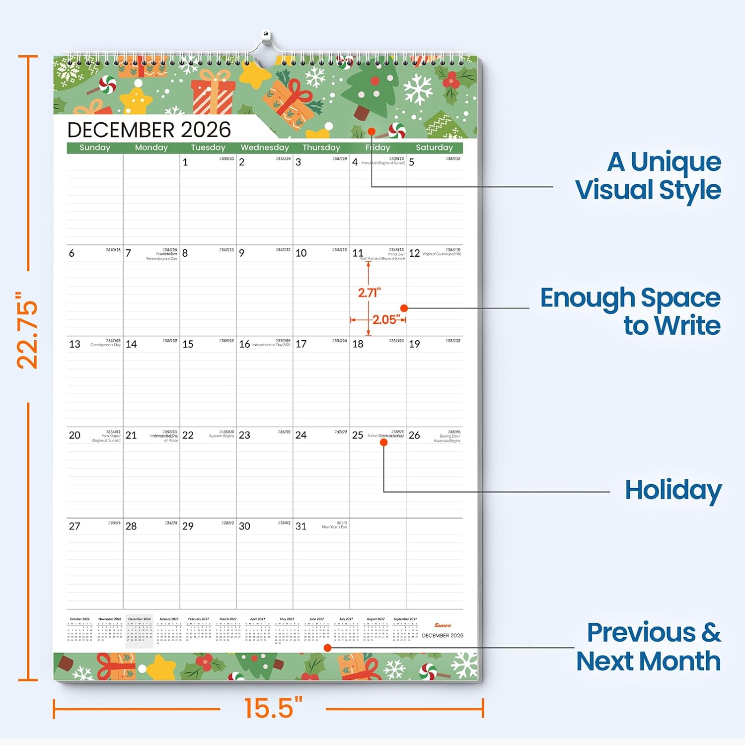 Detalle 2 de SUNEE 2026-2027 Wall Calendar, 18-Month Vertical Planner, 22.75 x 15.5 Inches