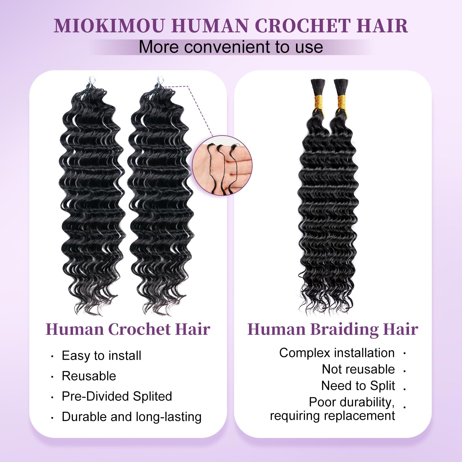 Detalle de Miokimou Feather Crochet Human Hair 20Inch Deep Wave: Knotless, Pre-Separated for a Fuller Look
