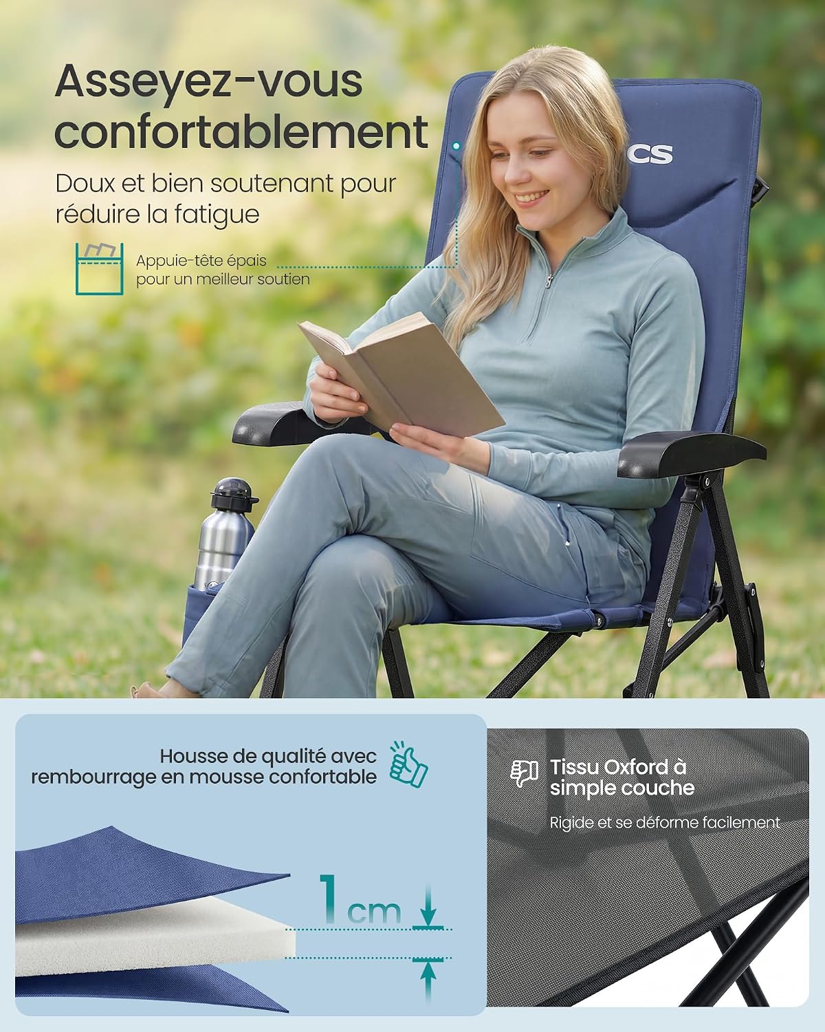 Detalle de SONGMICS Chaise de camping pliable bleue GCB015QZ01 avec dossier inclinable 95°–150°