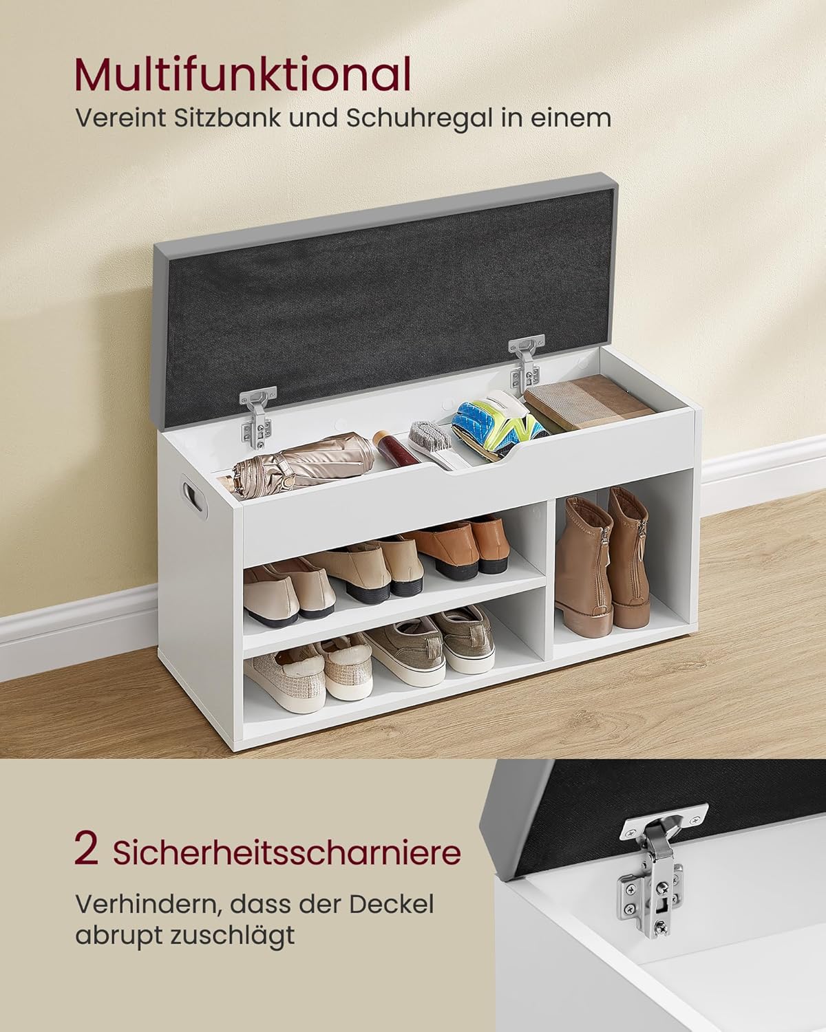 Detalle 2 de VASAGLE Schuhbank mit Sitzfläche LHS030W01 – gepolsterte Sitzbank mit offenem Stauraum