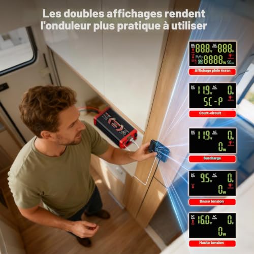 Detalle de SUDOKEJI 2000W Convertisseur 12V → 230V Pure Sinus — Onduleur avec 2 prises CA, USB-C 30W, Télécommande et écran LCD
