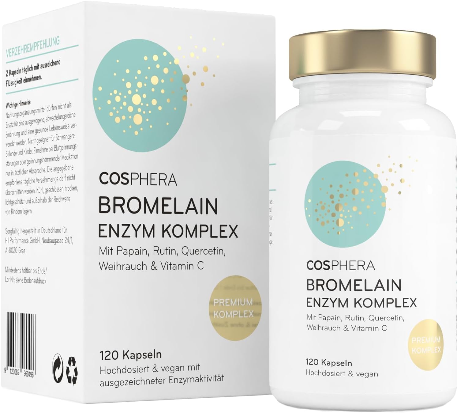 Detalle de COSPHERA® Bromelain hochdosiert 5000 FIP – 6-in-1 Ananas Enzym Komplex mit Papain, Quercetin, Weihrauch, Rutin & Vitamin C (120 magensaftresistente Kapseln)