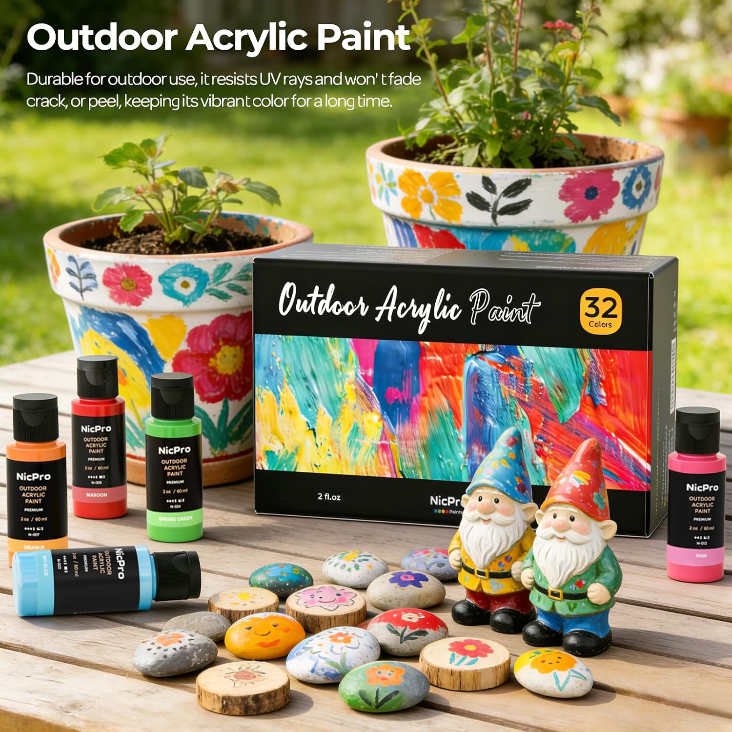 Detalle de Nicpro 32-Colour Outdoor Acrylic Paint Set (Bulk) with Brushes, Sponge & Art Knife