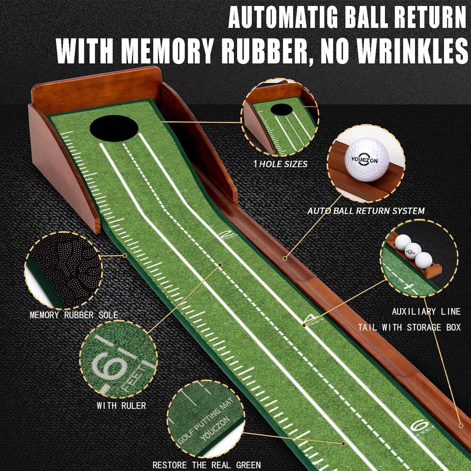 Thumbnail 2 de YOUCZON Indoor Putting Green Mat with Auto Ball Return & Solid Wood Base