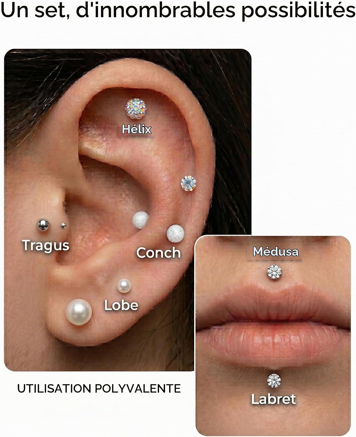Detalle 1 de CIZME labret-piercingset 16G van 316L-staal, 4–10 mm, zilverkleurig
