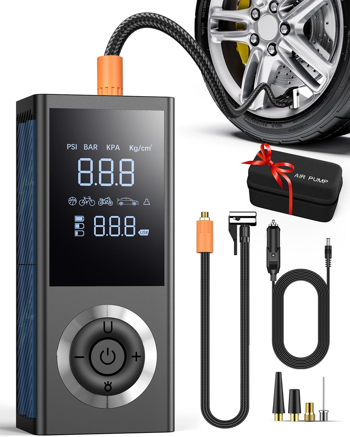 Detalle de Portable Tire Inflator Air Compressor (150 PSI) with Digital Gauge, LED Light, 12V Car Adapter & Storage Box