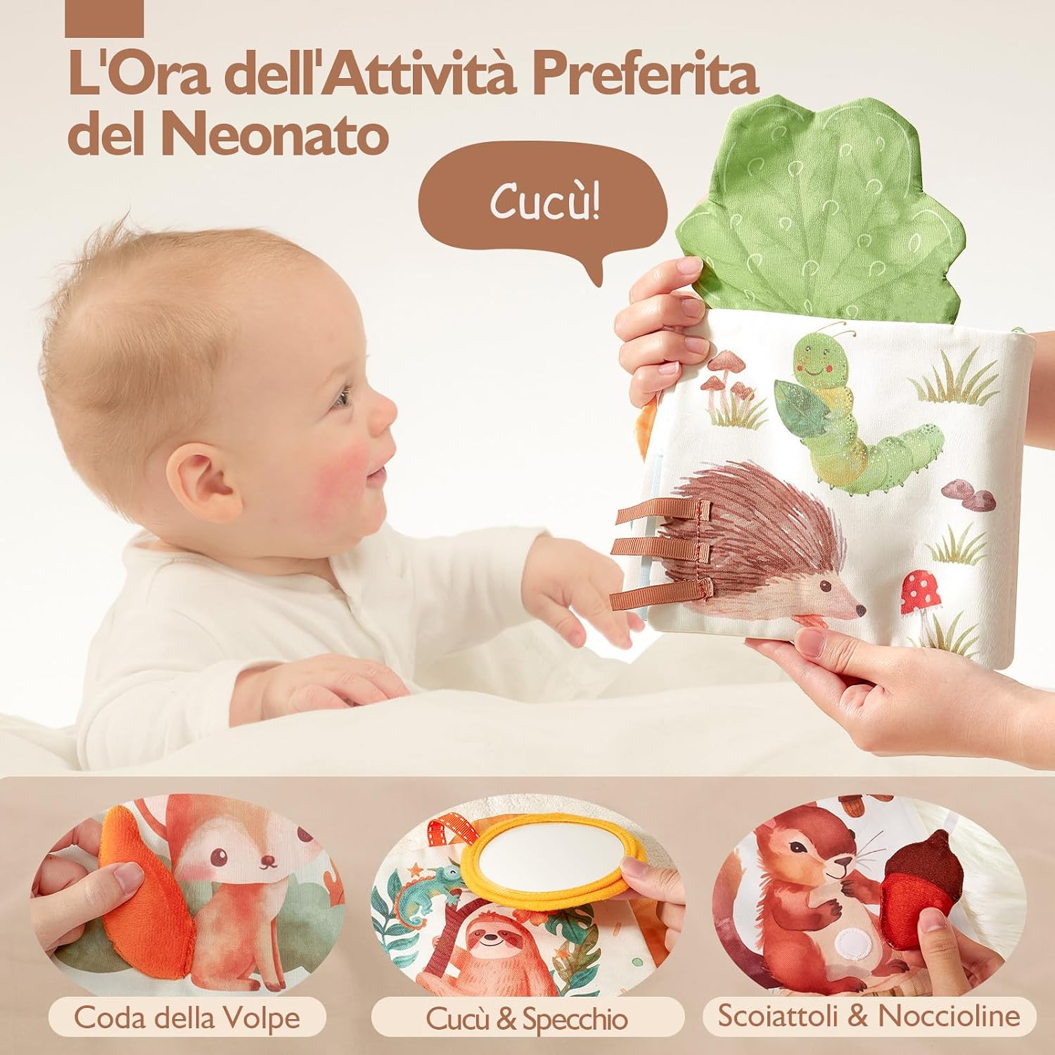 Thumbnail 2 de hahaland Libri di Stoffa Neonati 0-6 Mesi – Libro Tattile Interattivo con Animali e Specchio per Passeggino