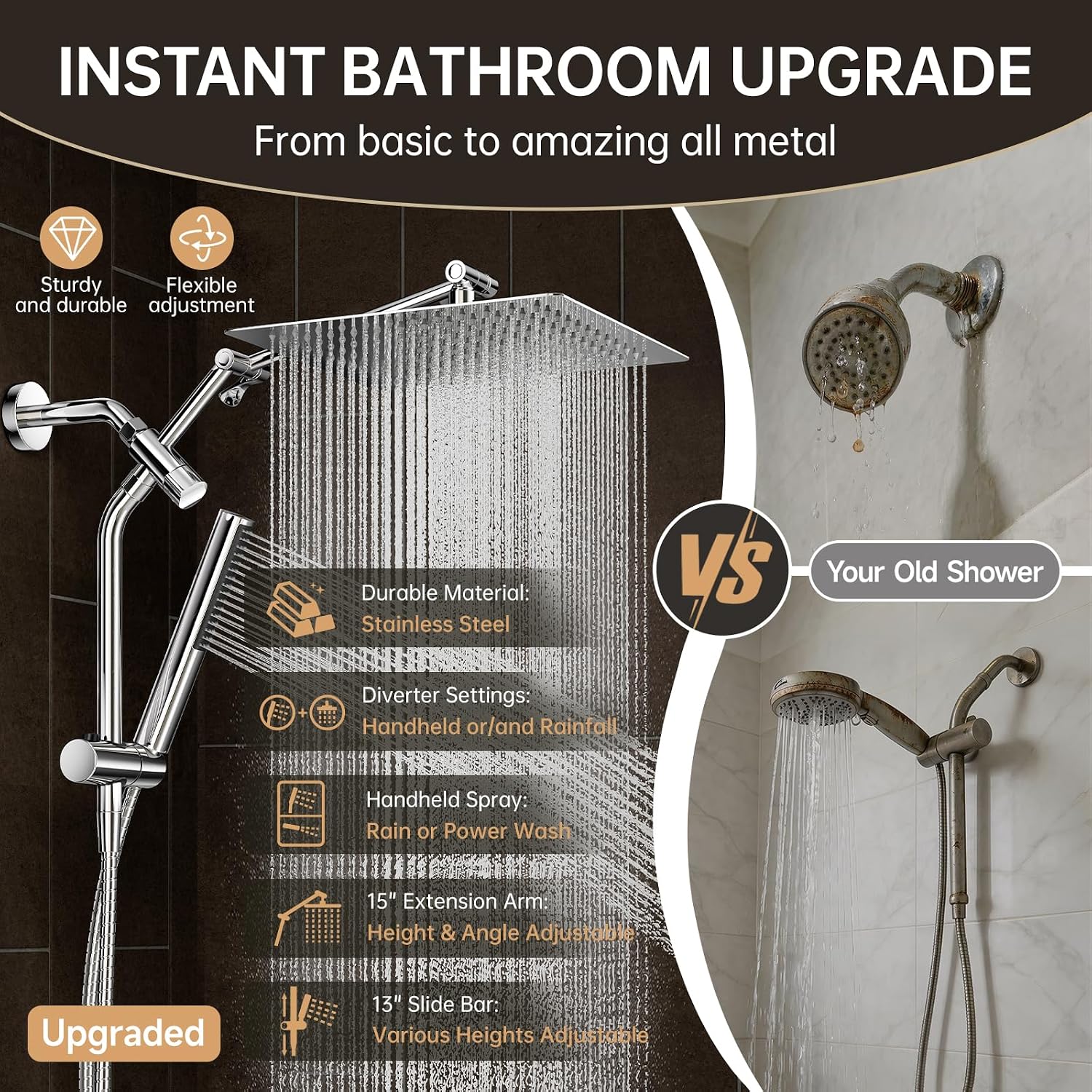 Thumbnail 5 de Veken 12-Inch All-Metal Square Rain Shower Head with Handheld, Chrome
