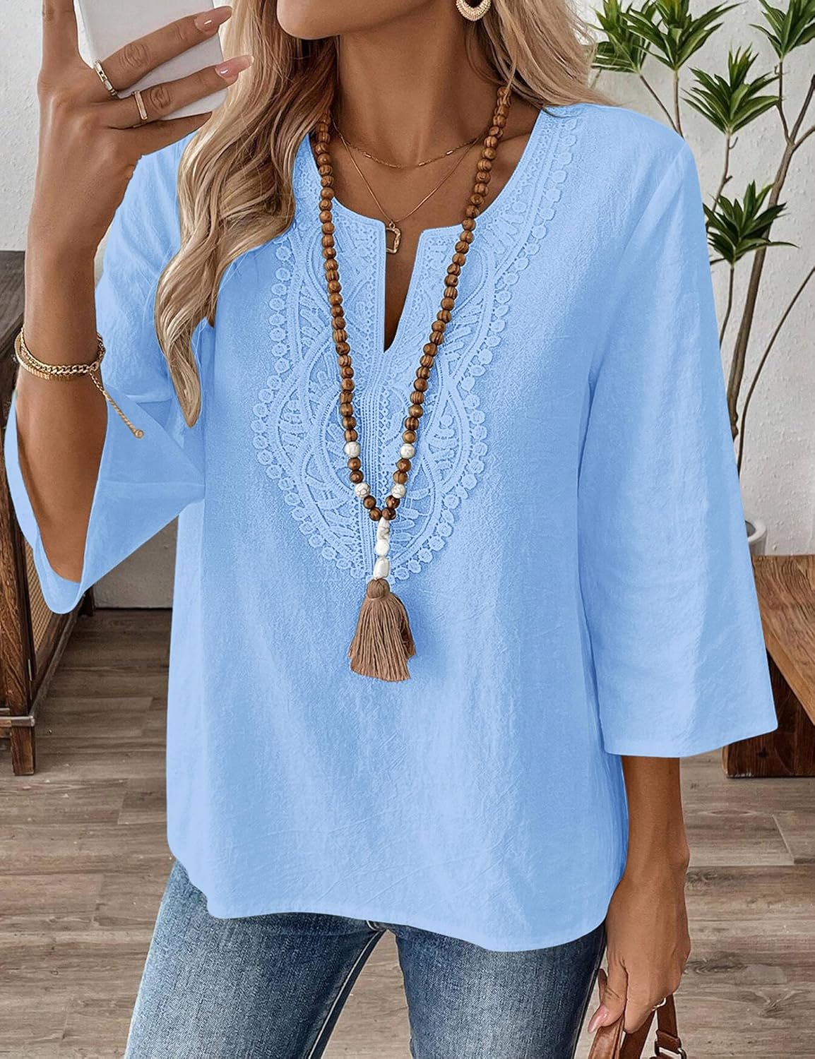 Thumbnail 6 de Rapbin Bluse für Damen mit V-Ausschnitt, 3/4-Ärmeln und Spitze (Baumwoll-Leinen-Mix) – elegant & locker