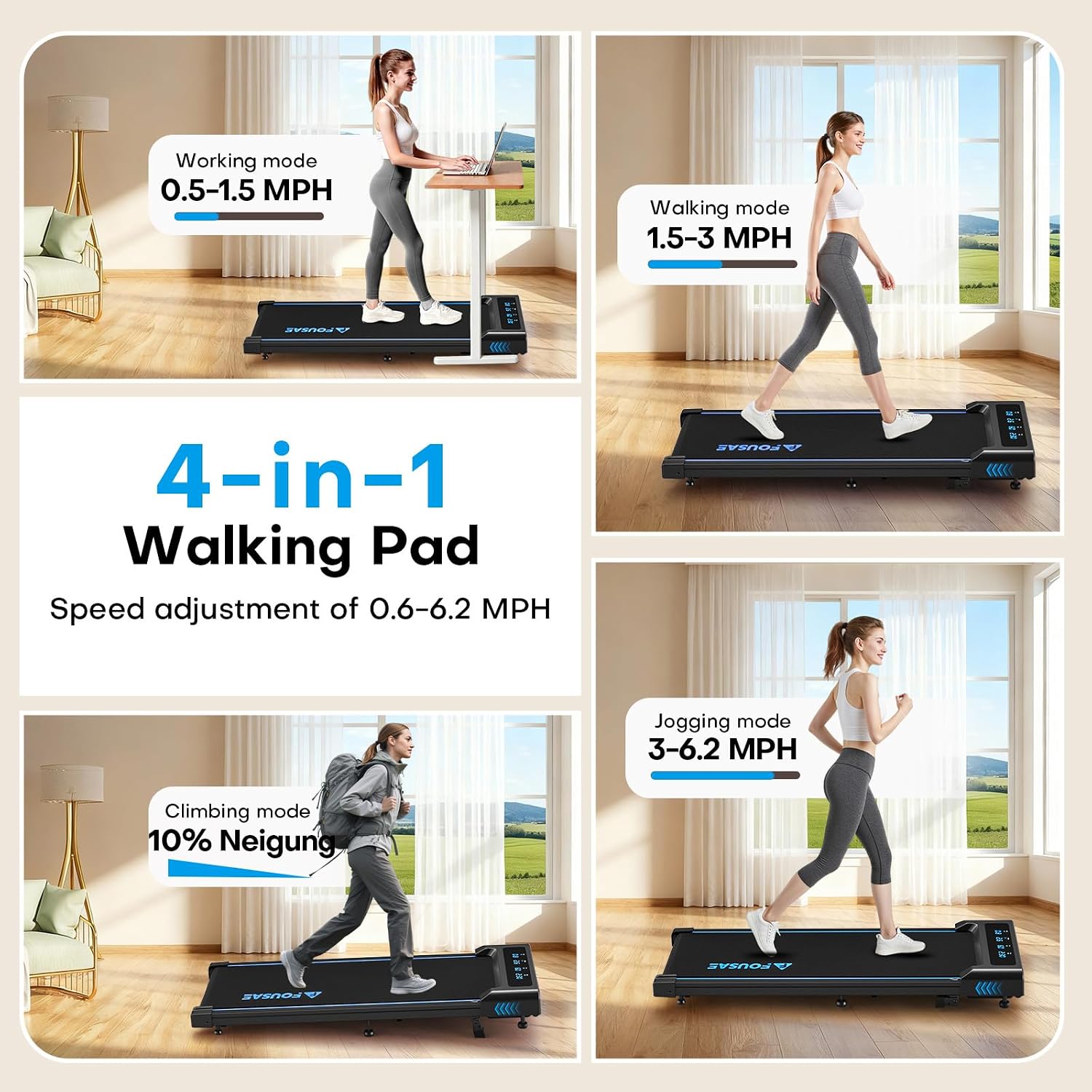 Detalle de FOUSAE FITNESS Walking Pad with 10% Incline (6.2 MPH) – A practical under-desk treadmill for home use