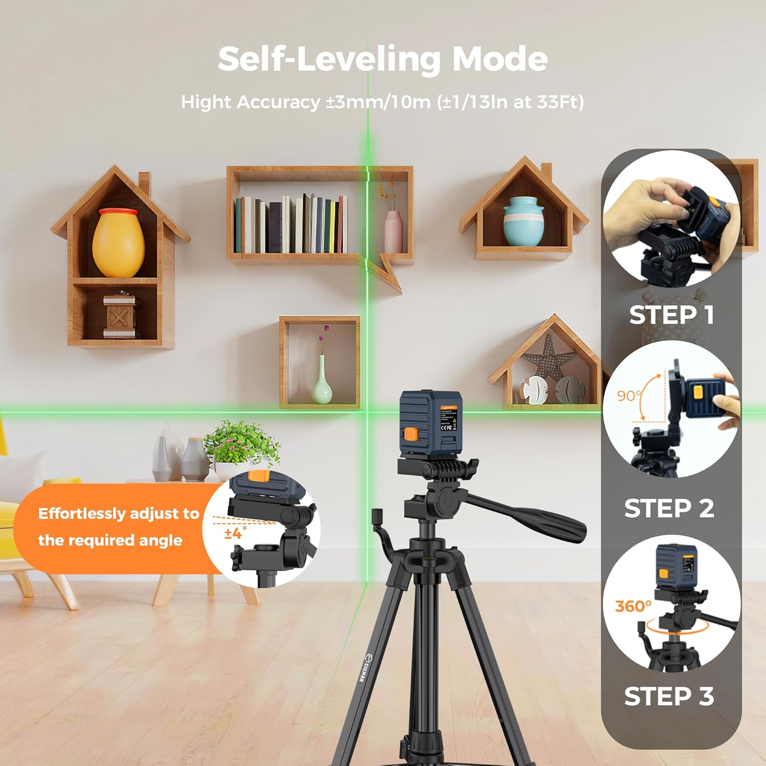 Thumbnail 2 de CIGMAN Self-Leveling Green Laser Level with 90 cm Adjustable Tripod – 30 m Range, ±1.5 mm @ 5 m