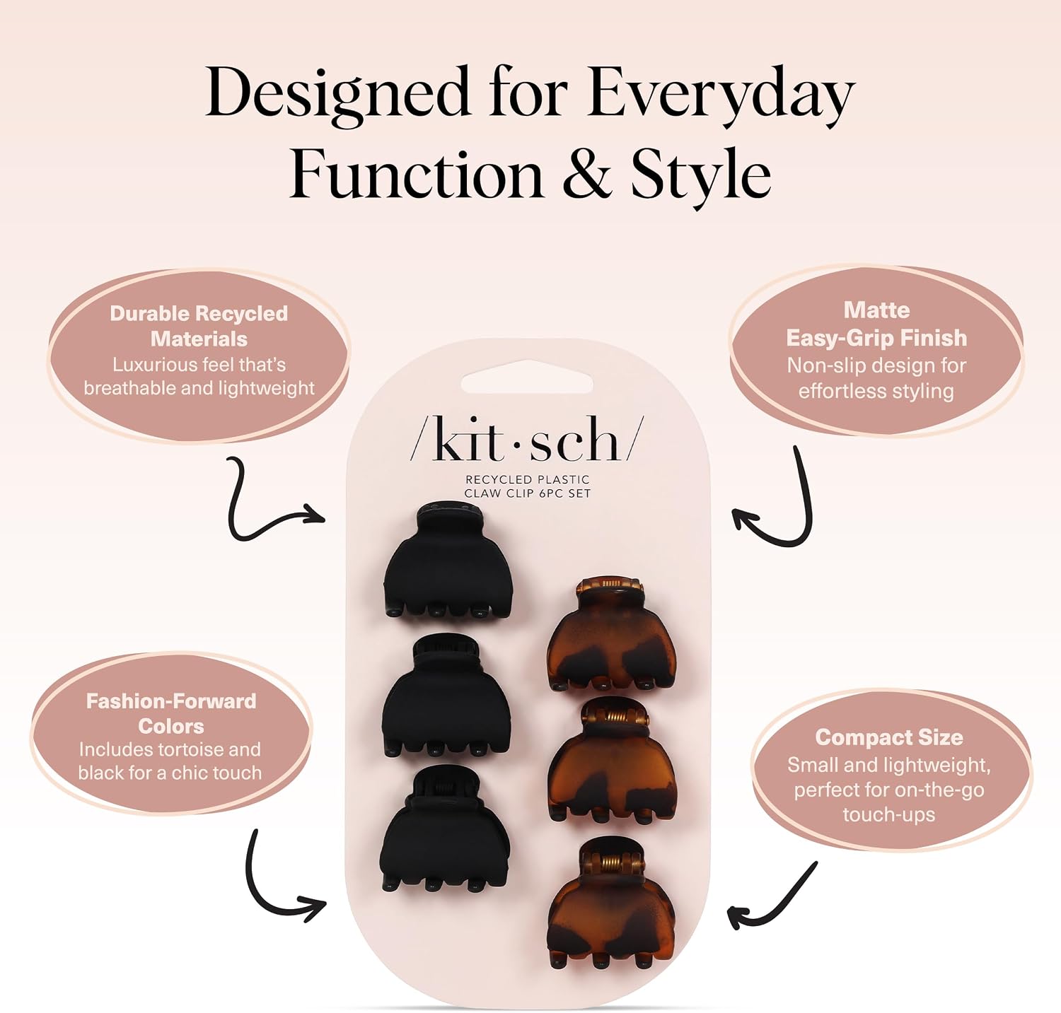 Thumbnail 2 de Kitsch Mini Claw Clips, 6-Pack in Black and Tortoise Plastic