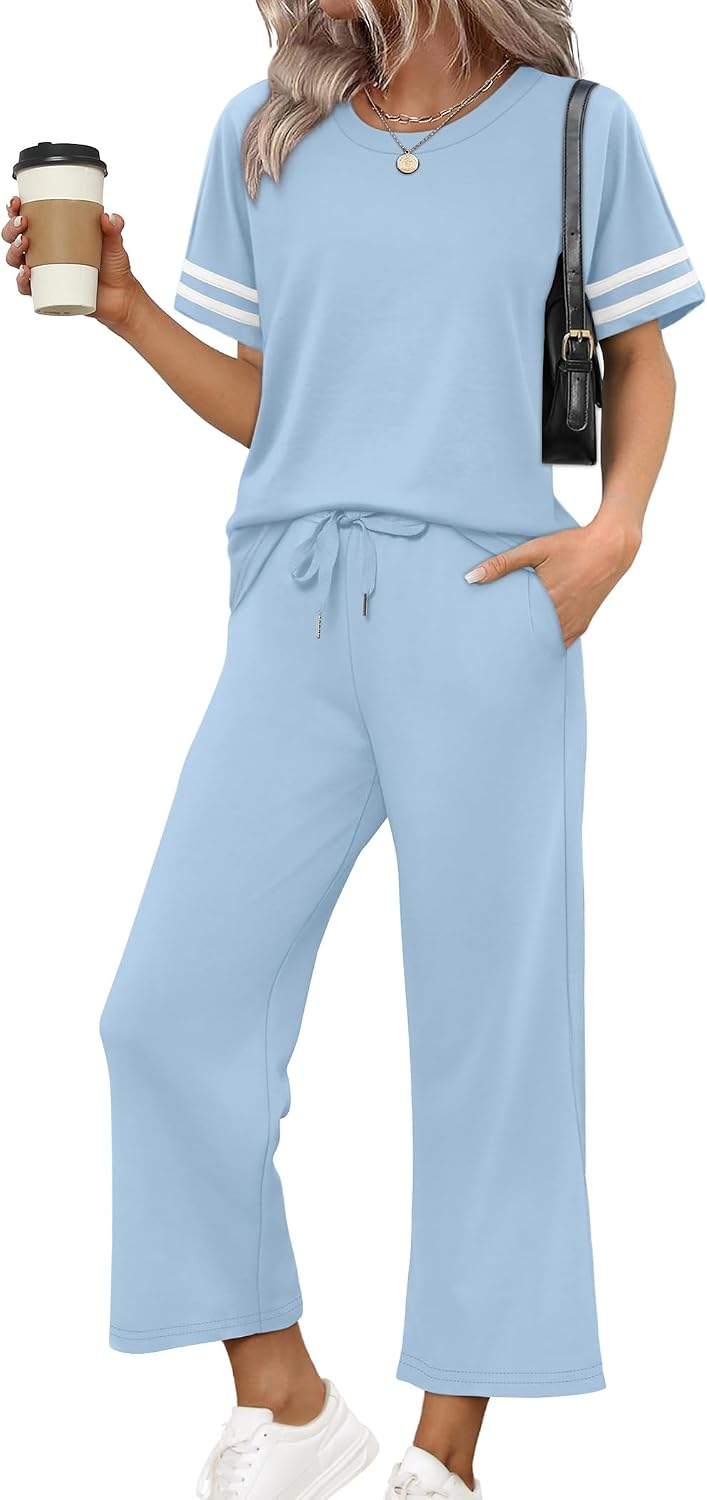 Thumbnail 5 de WIHOLL Two-Piece Lounge Set for Women: Striped Short-Sleeve Top & Wide-Leg Pants