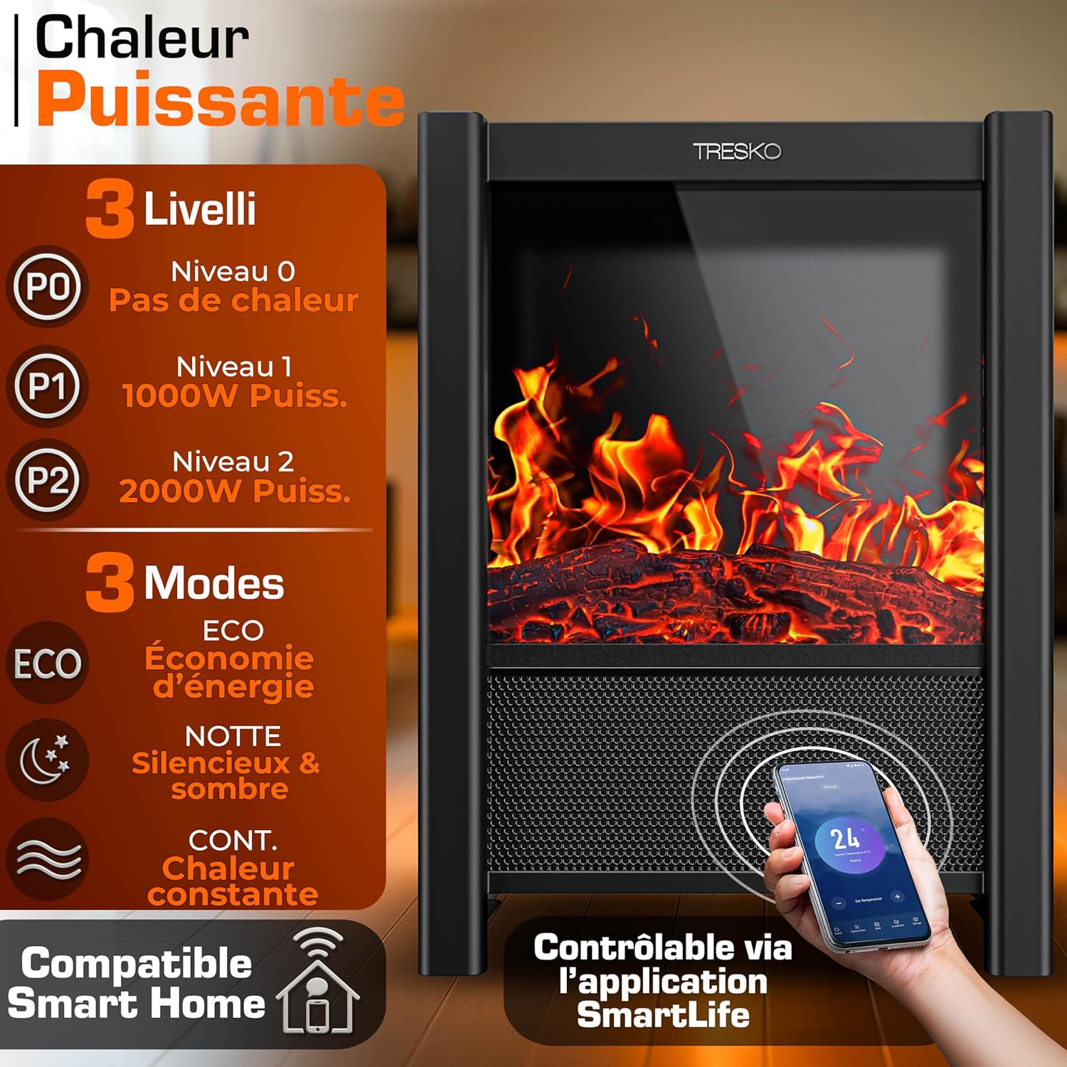 Thumbnail 3 de TRESKO Cheminée électrique 2000W – Chauffage LED 4 niveaux, WiFi App SmartLife et télécommande