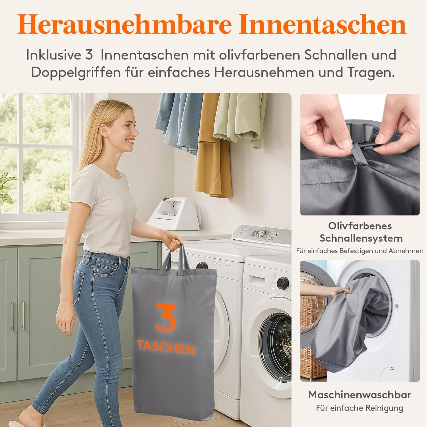 Thumbnail 5 de Lifewit 3 Fächer Wäschekorb mit Deckel – 165 L, faltbar, 60 x 40 x 76 cm, hellgrau