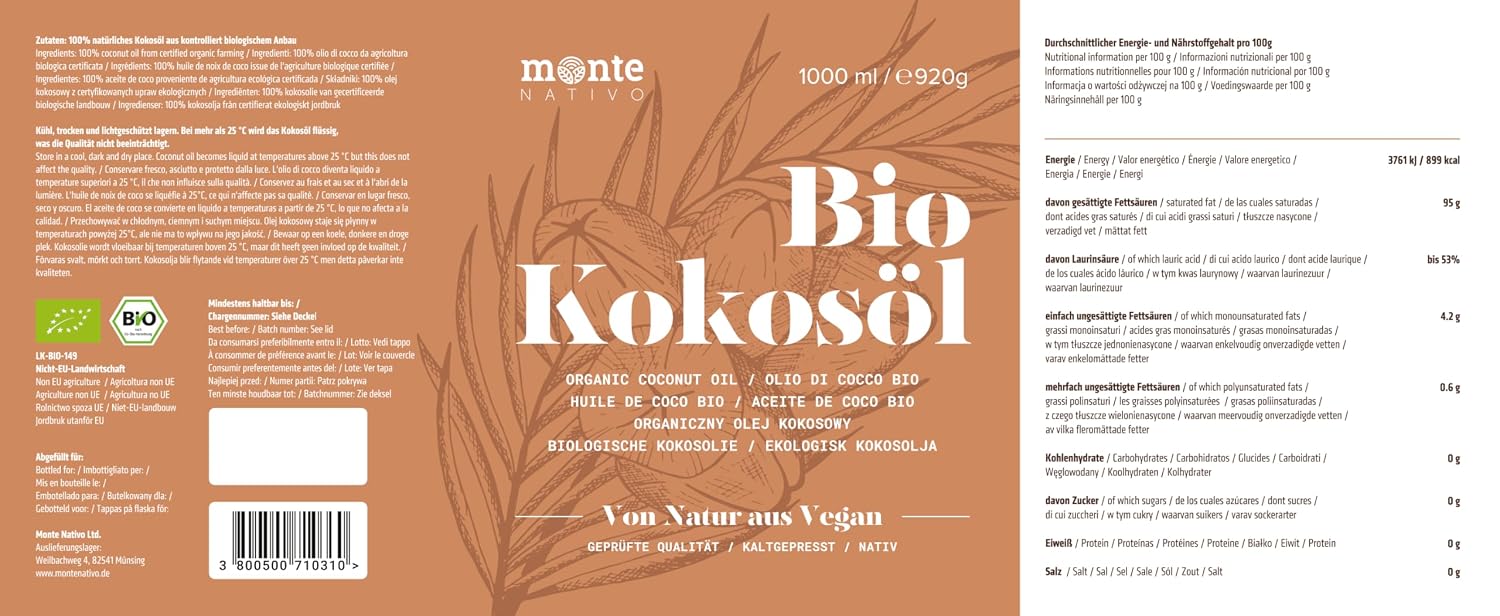 Thumbnail 6 de MonteNativo Bio Kokosöl – 3 x 1000 ml: kaltgepresst, roh & naturrein