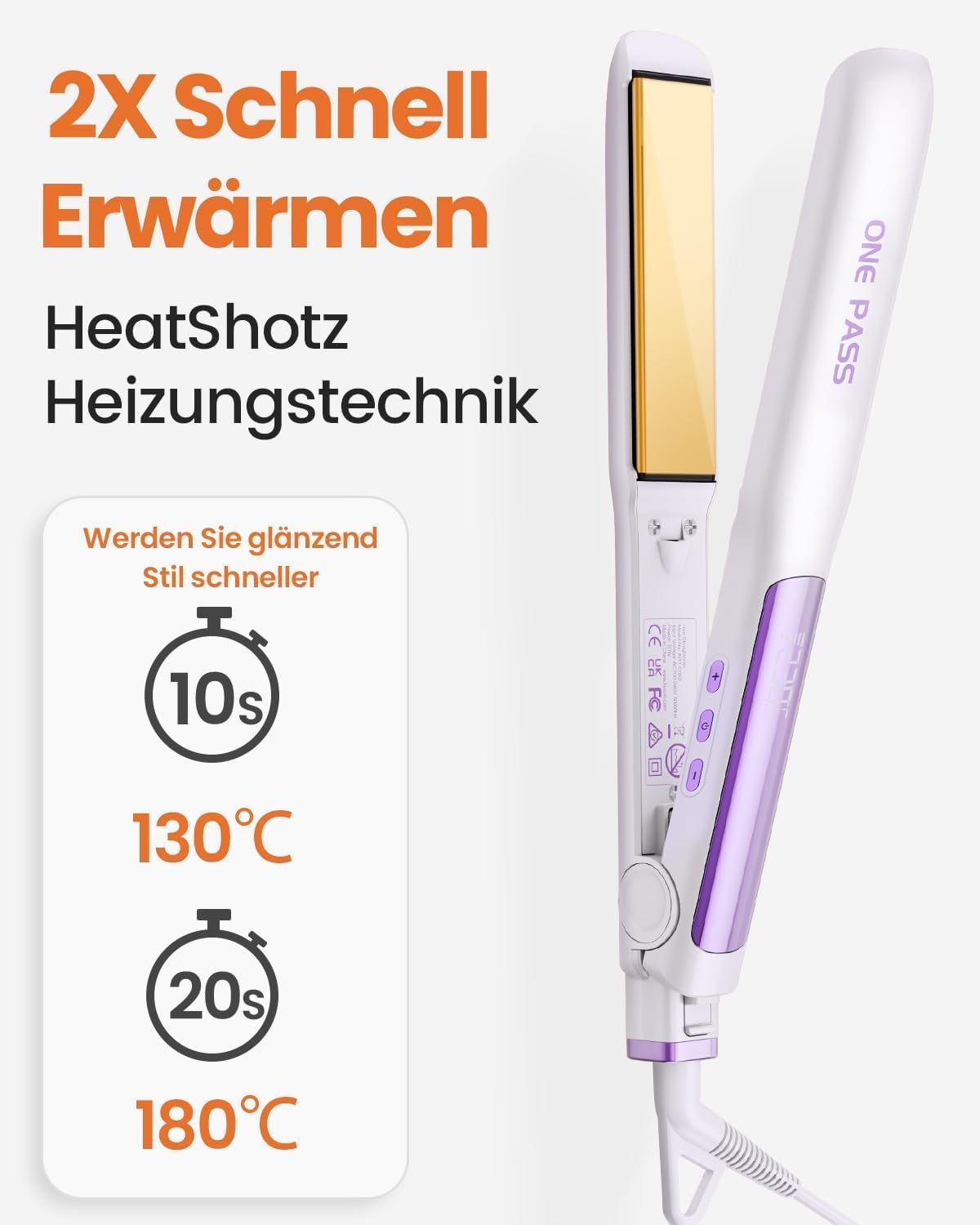 Detalle de Faszin 2 in 1 Glätteisen Locken und Glätten – Titanplatten, 20s Aufheizung, 3D-Schwebepanel, Ionen, 130–230°C, Weiß