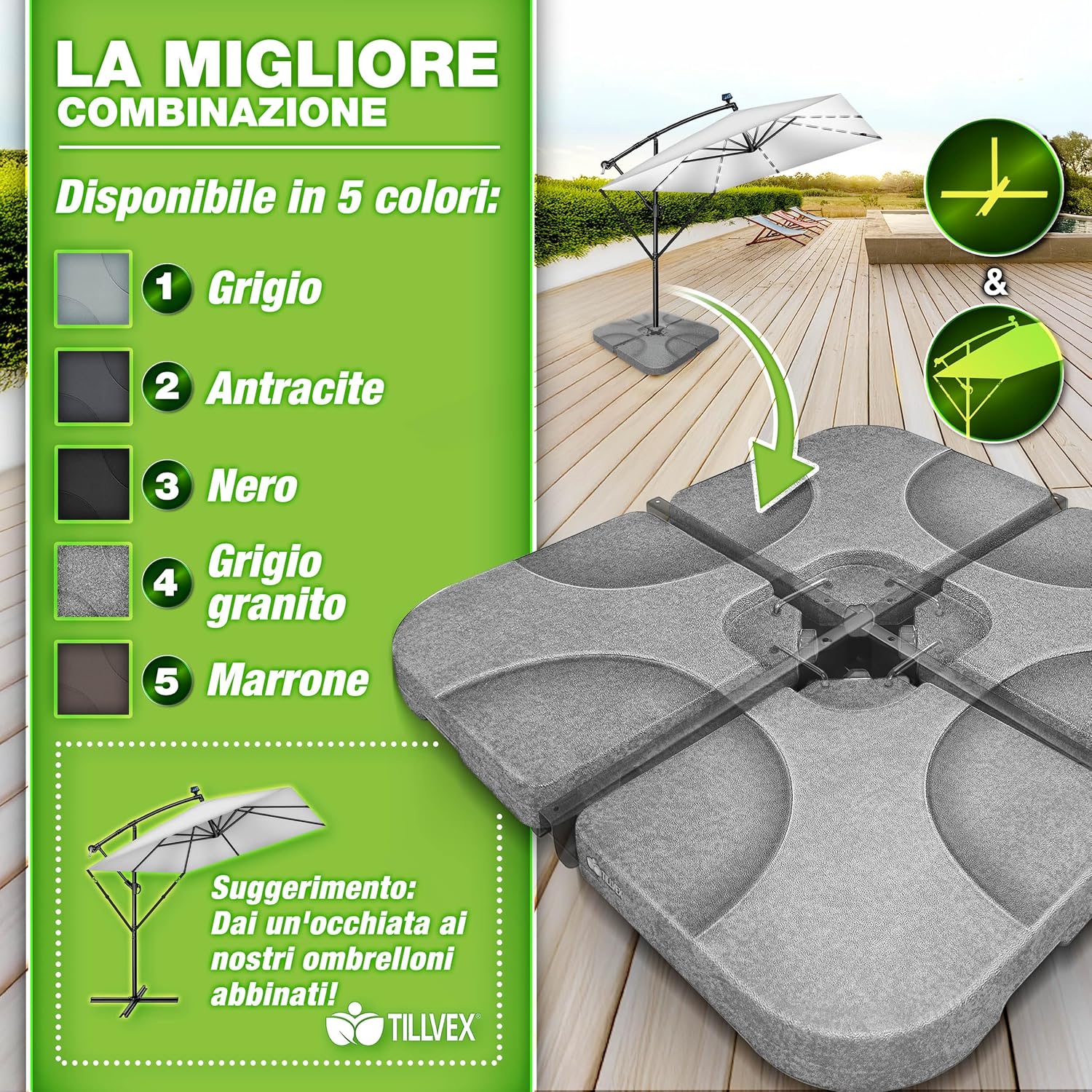 Thumbnail 5 de tillvex® Base per ombrellone 90 litri (120 kg sabbia) da 4 pezzi, decentrato con connettore metallico – grigio granito