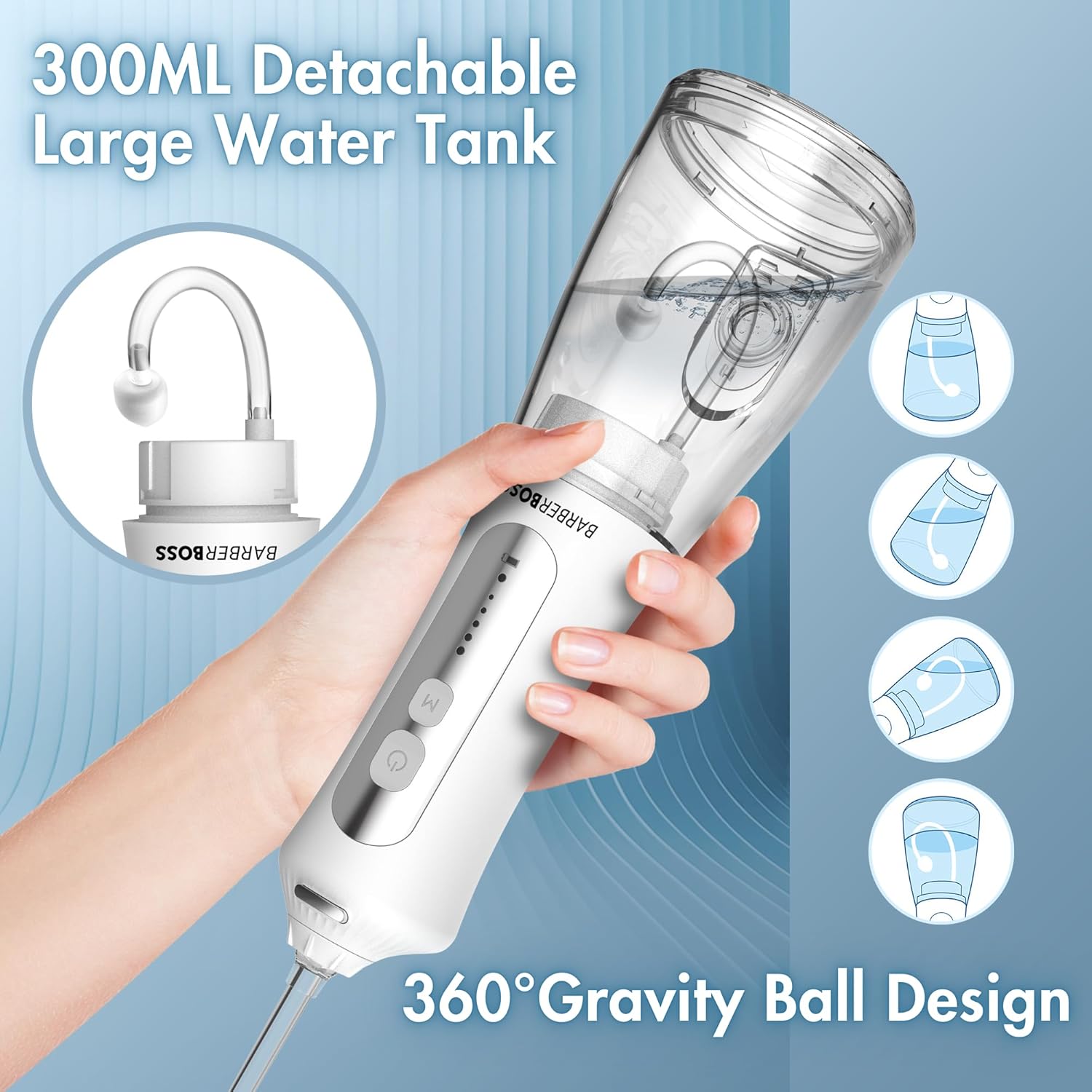 Detalle de BarberBoss Idropulsore dentale elettrico con 5 punte e serbatoio da 300 ml – QR-7024 (Bianco)