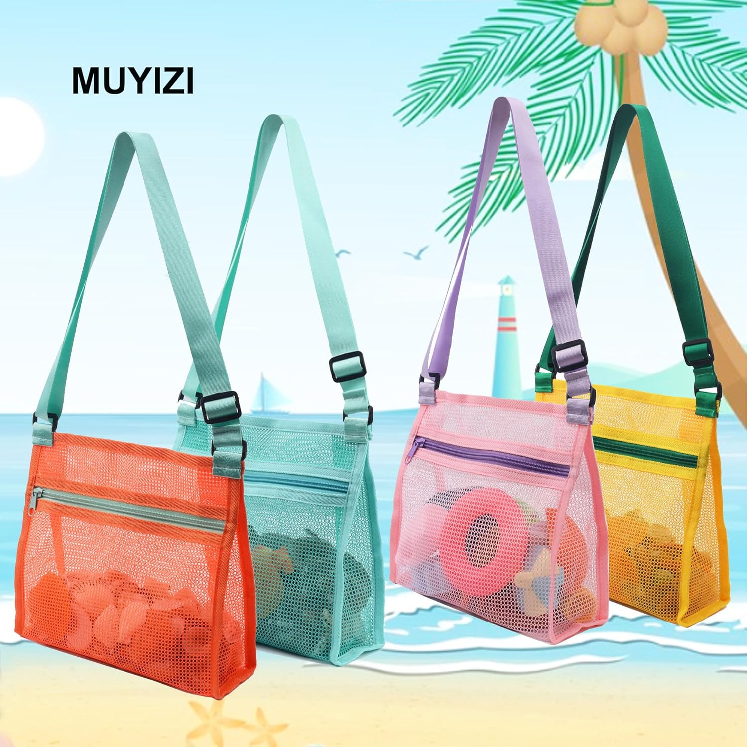 Thumbnail 1 de MUYIZI Mesh Beach Bag for Shells Collecting 4 Pack: Lightweight, Quick-Dry Shell Bags for Kids and Families
