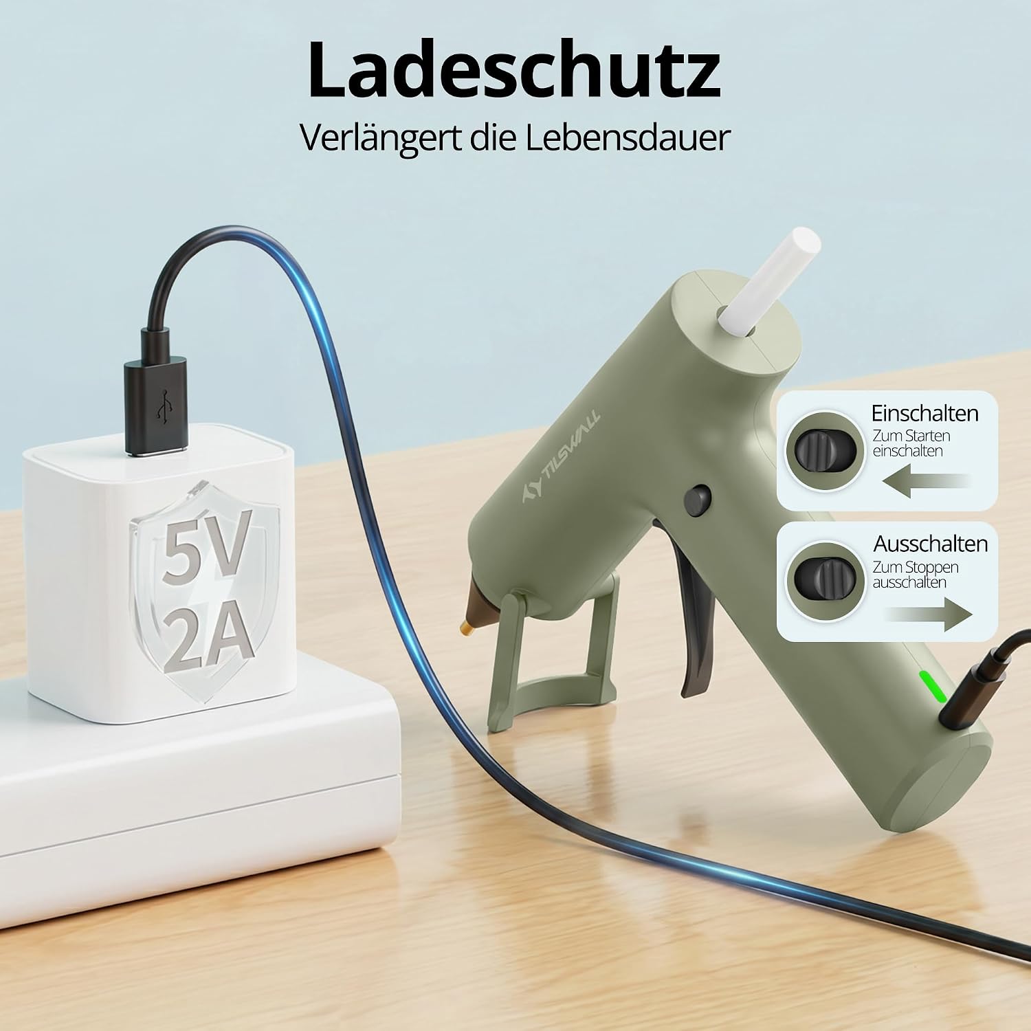 Detalle de Tilswall Kabellose Akku-Heißklebepistole (2000mAh) – 20 Premium-Klebestifte, Olivgrün
