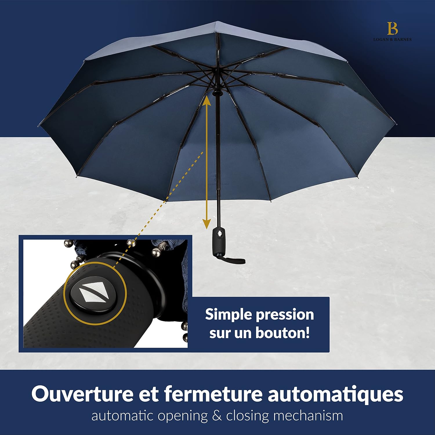 Detalle 2 de LOGAN & BARNES Parapluie Boston: résistant aux tempêtes jusqu’à 140 km/h, compact et automatique
