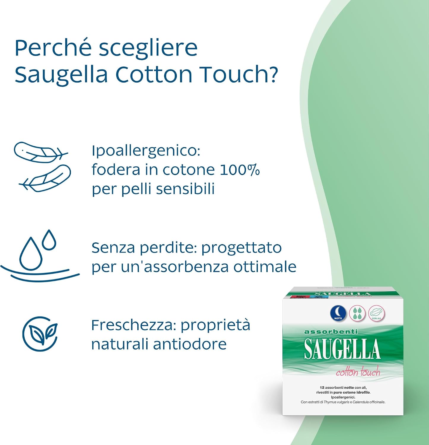 Detalle de Saugella Assorbenti Cotton Touch Notte con ali, 36 assorbenti cotone (azione antibatterica, antiodore)