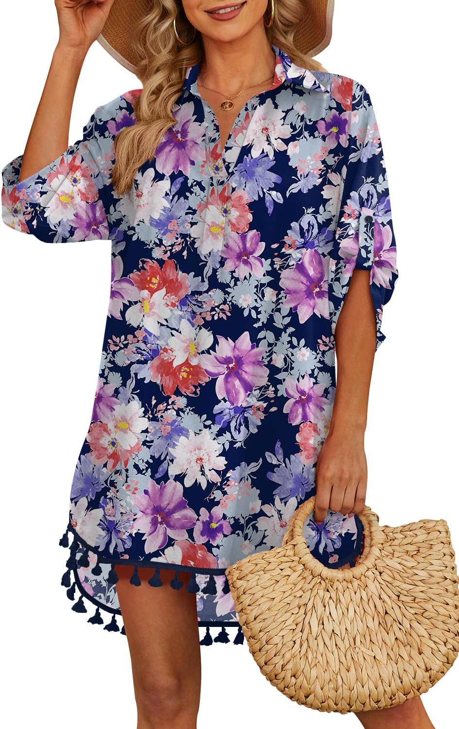 Thumbnail 4 de Yincro Women Swimsuit Cover Up Shirt with Tassel Details (V-Neck, Asymmetrical Hem)