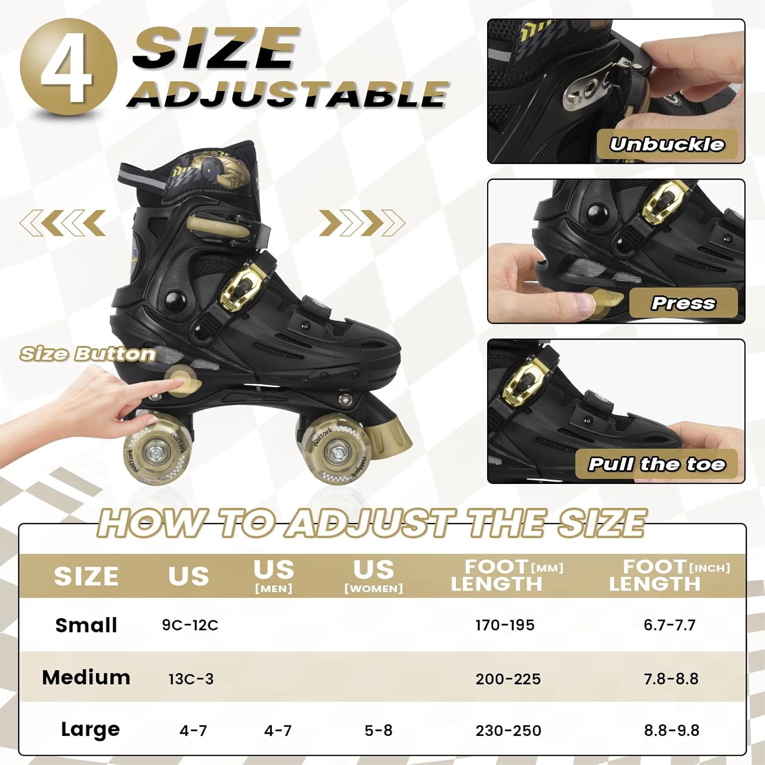 Thumbnail 4 de Nattork Adjustable Roller Skates for Kids (Ages 4–16) – Racing Car Design, ABEC-7 Bearings & Triple Lock Safety