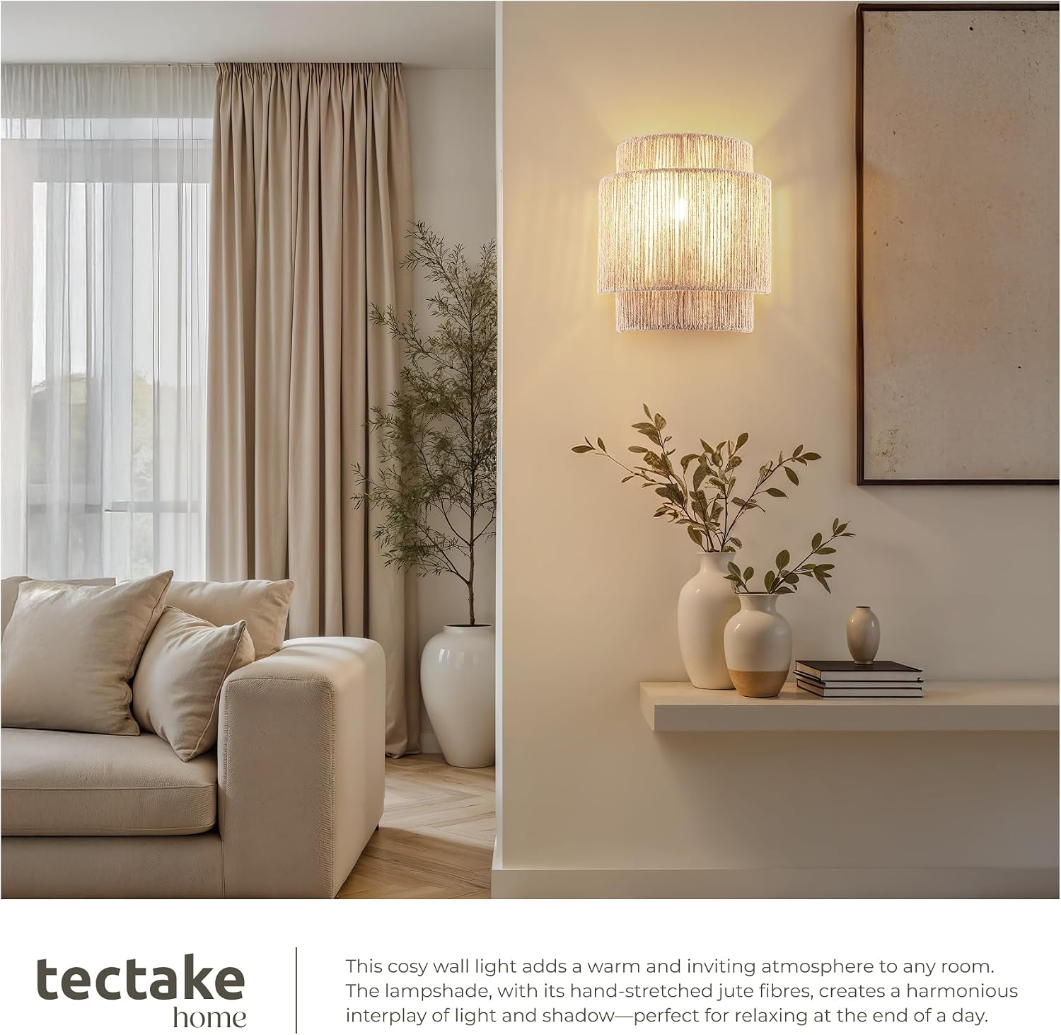 Thumbnail 6 de tectake Lignea Lux 406074 vägglampa i jute, E14-sockel, upp till 40 W