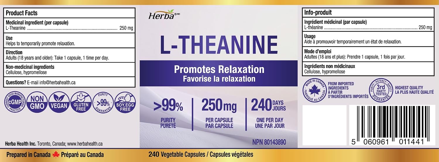 Detalle de Herba l theanine supplement, 250 mg capsules, 240 count, >99% pure