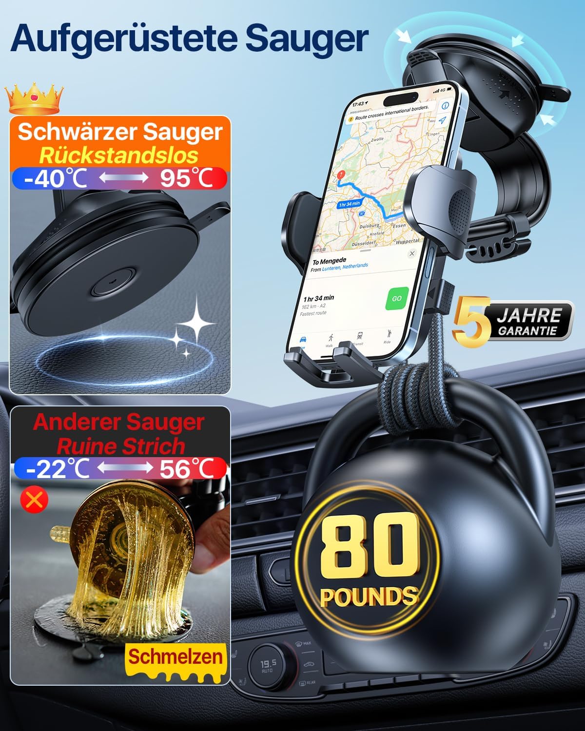 Thumbnail 3 de HTU 2026 KFZ-Handyhalterung mit Saugnapf & Lüftungshaken, 360° drehbar am Armaturenbrett/Scheibe – Grau