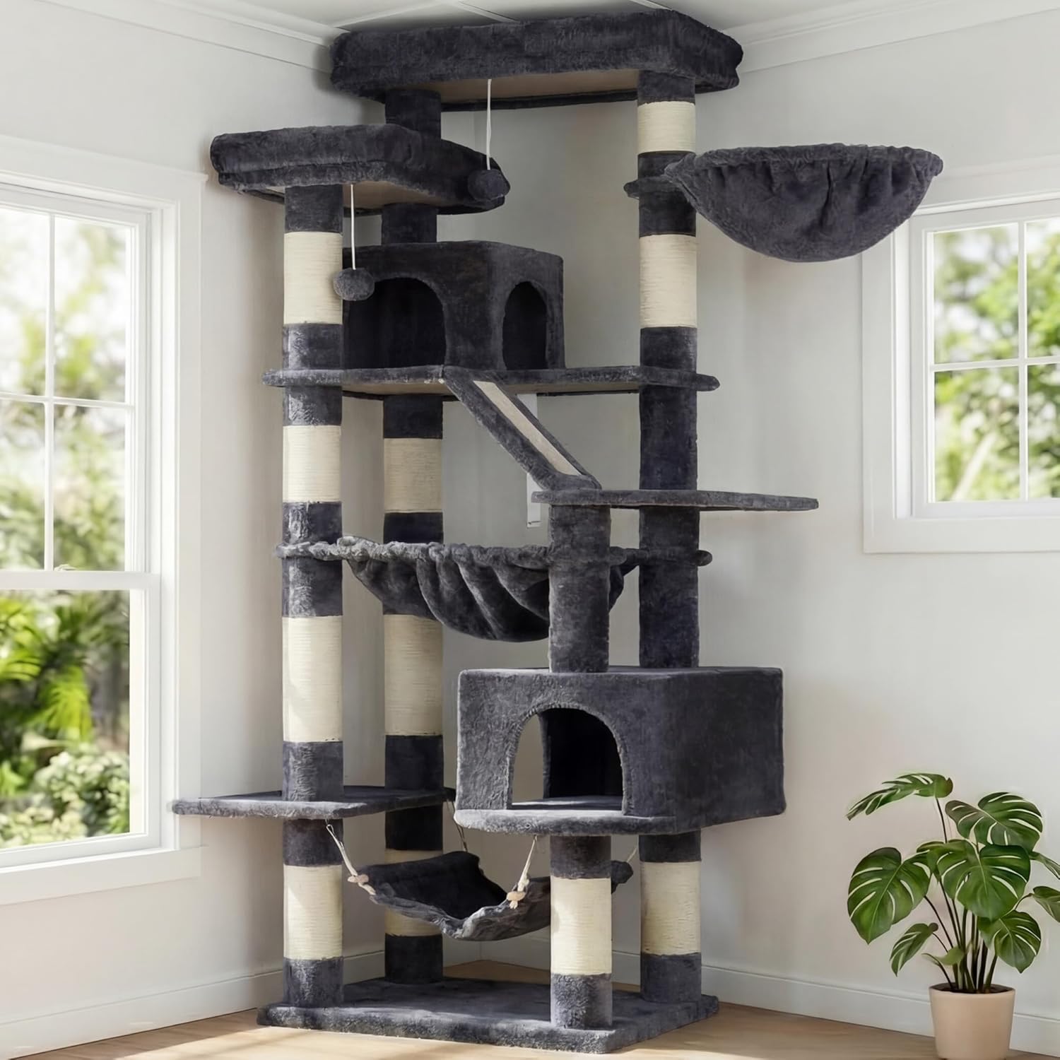 Detalle de Heybly Cat Tree 180 cm Tall Indoor Cat Tower with 2 Perches, 2 Condos and 2 Hammocks