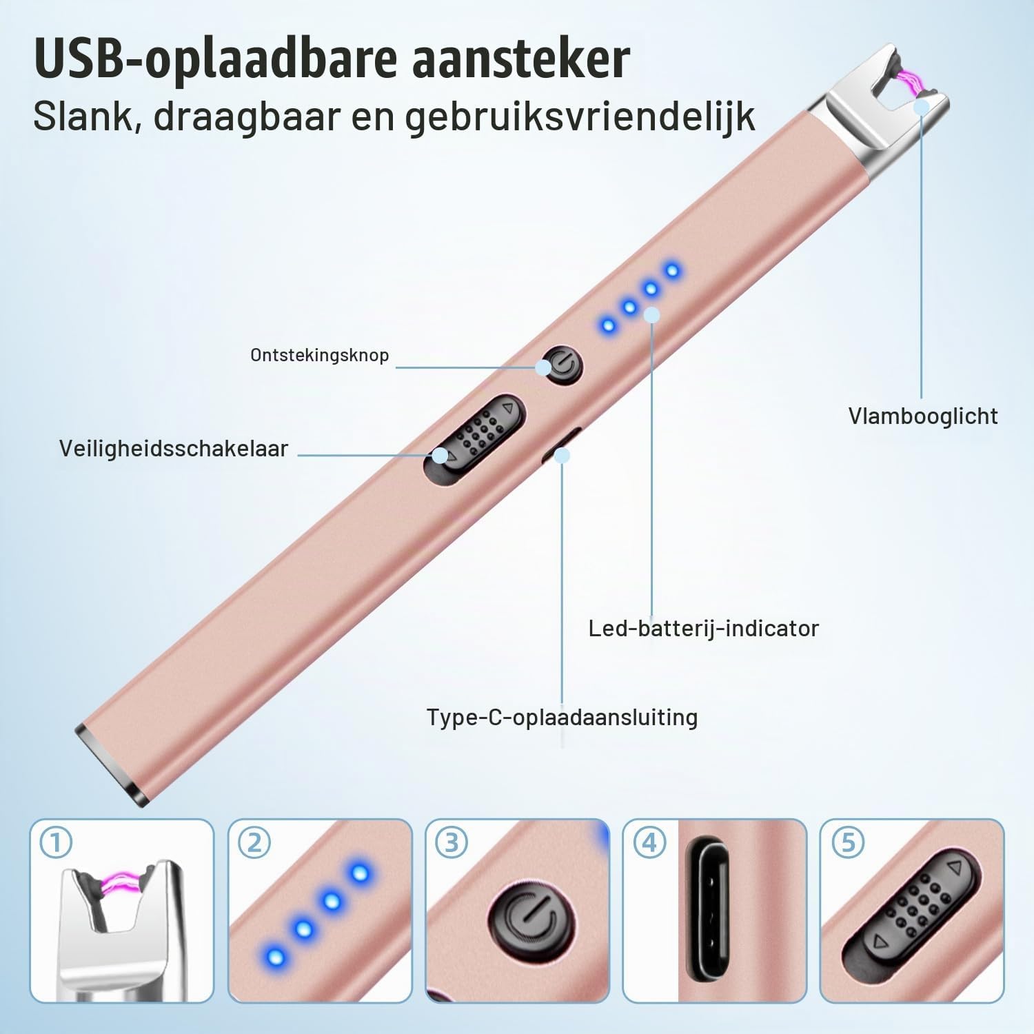 Detalle 2 de LcFun Stick elektrische boogaansteker, goud, USB-C en veiligheidsschakelaar