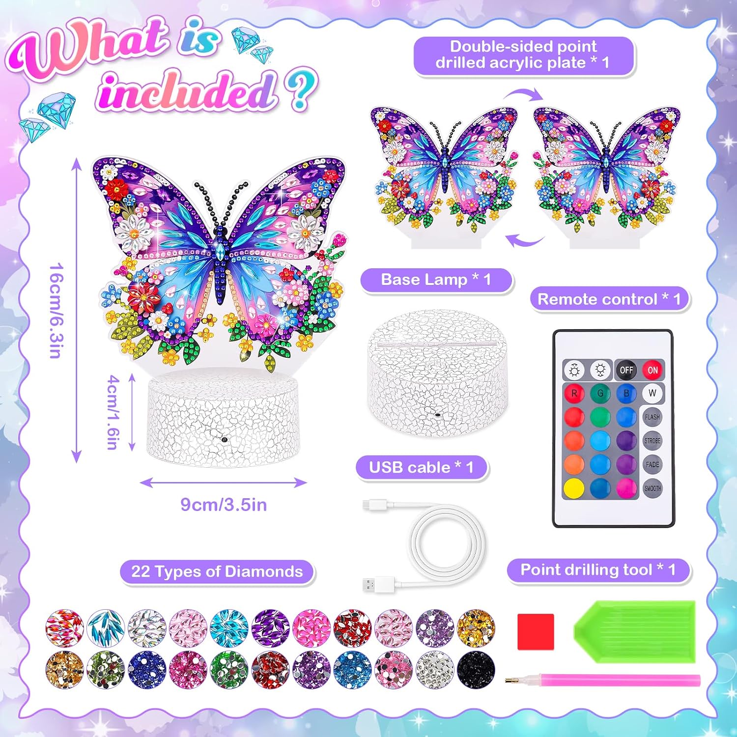 Detalle de Girls Butterfly Diamond Painting Night Light Craft Kit (Age 5–12) with Touch & Remote Control