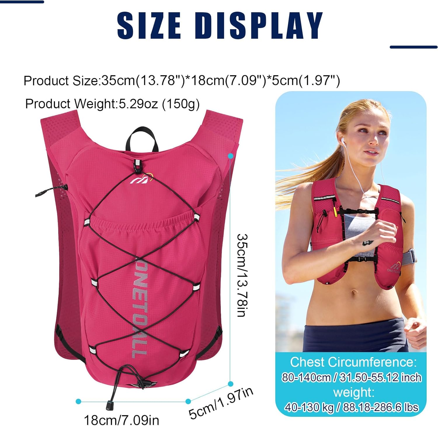 Thumbnail 6 de ONETOALL Running Vest with Detachable Chest Strap and 2L Water Capacity (Reflective, Lightweight 150g)