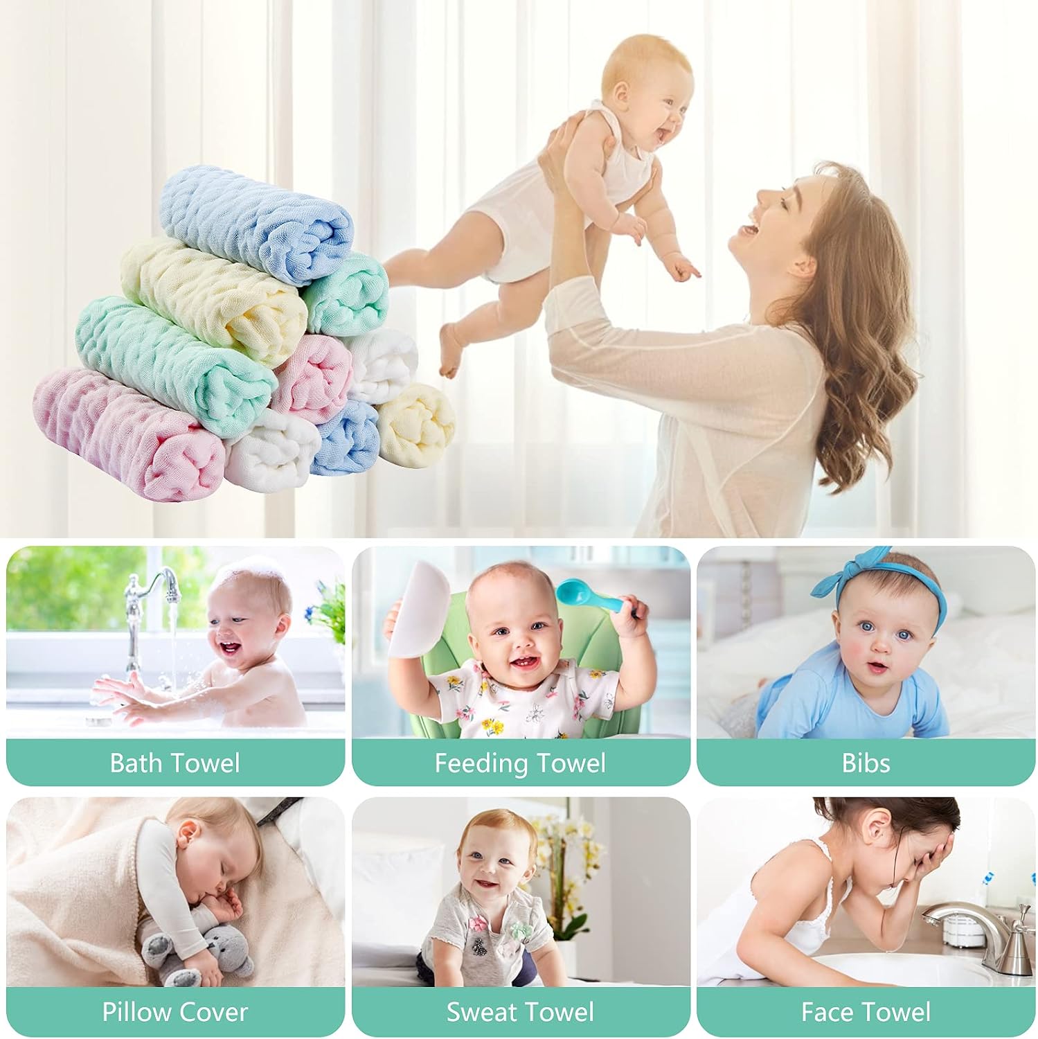 Thumbnail 5 de koo-dib Baby Muslin Squares Washcloths (10 Pack) 25x25cm – Safe, Reusable Muslin Cloths for Newborns
