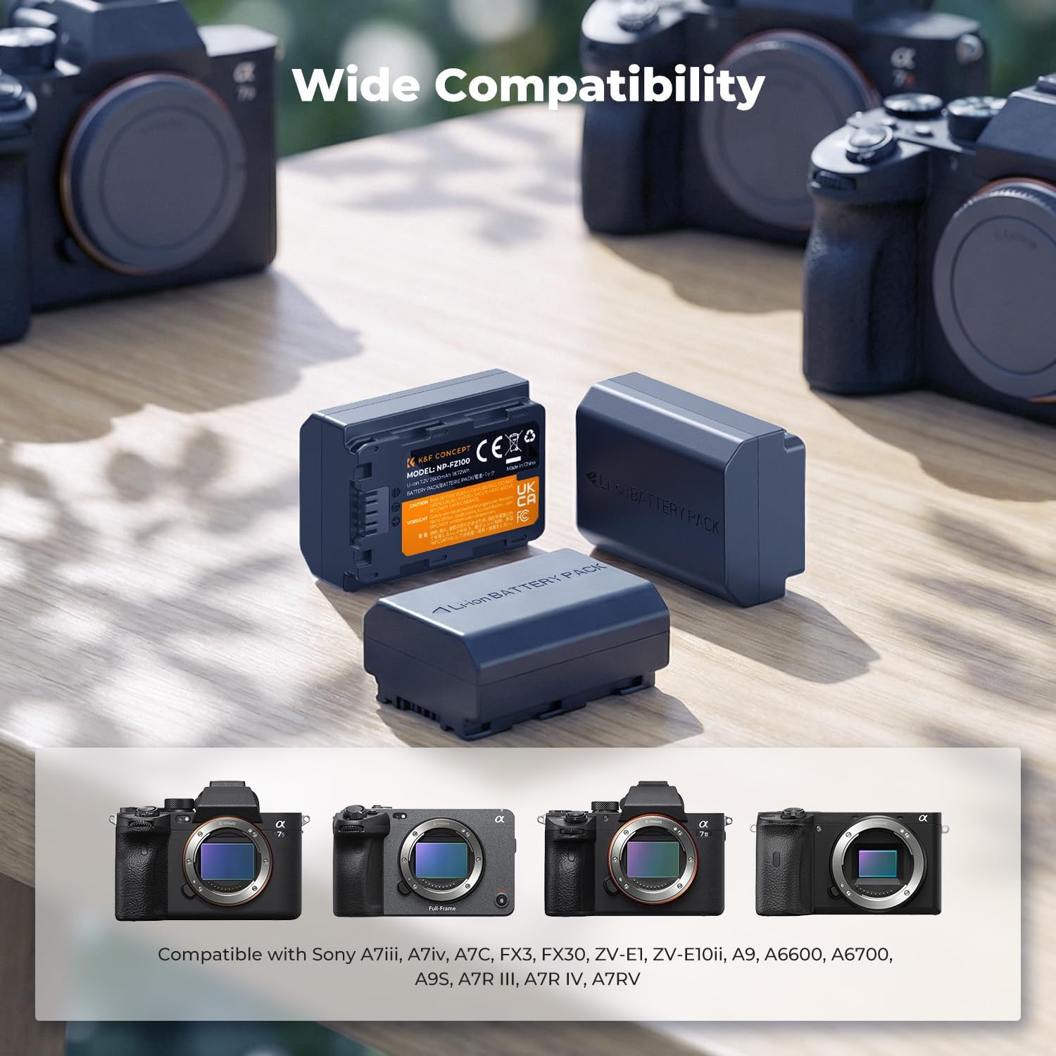 Detalle de K&F CONCEPT 3-Pack NP-FZ100 Battery and Triple Slot Charger (A7iv/FX3/FX30/ZV-E1 and more)