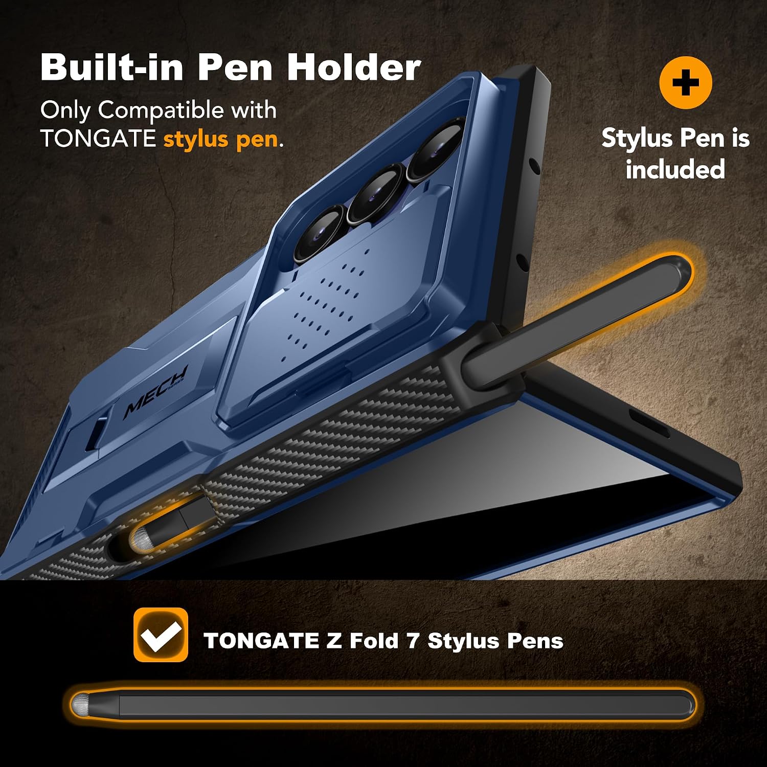 Detalle de TONGATE for Galaxy Z Fold 7 Case with Stylus & Pen Holder, Privacy Screen Protector, Sliding Camera Cover, Belt Clip (Navy Blue)