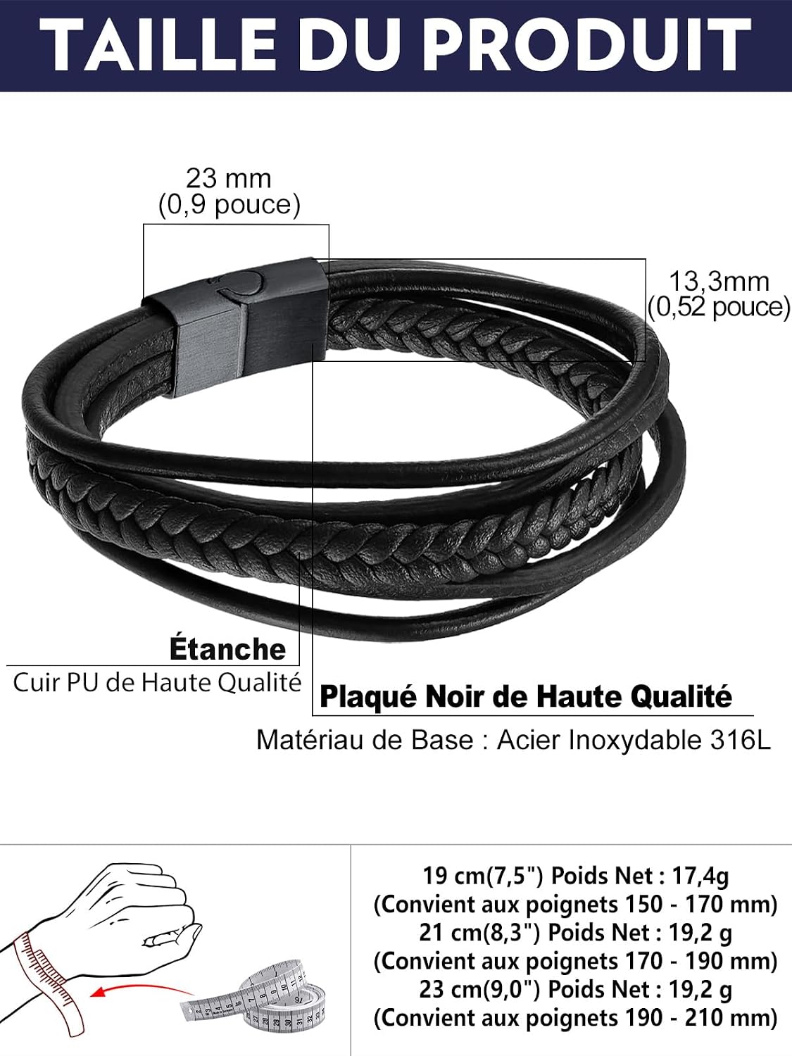 Detalle de Bandmax Bracelet Homme Cuir Tressé Noir/Marron – Bracelet Multi-Rang Tissé avec Fermoir Magnétique, 3 Longueurs Disponibles
