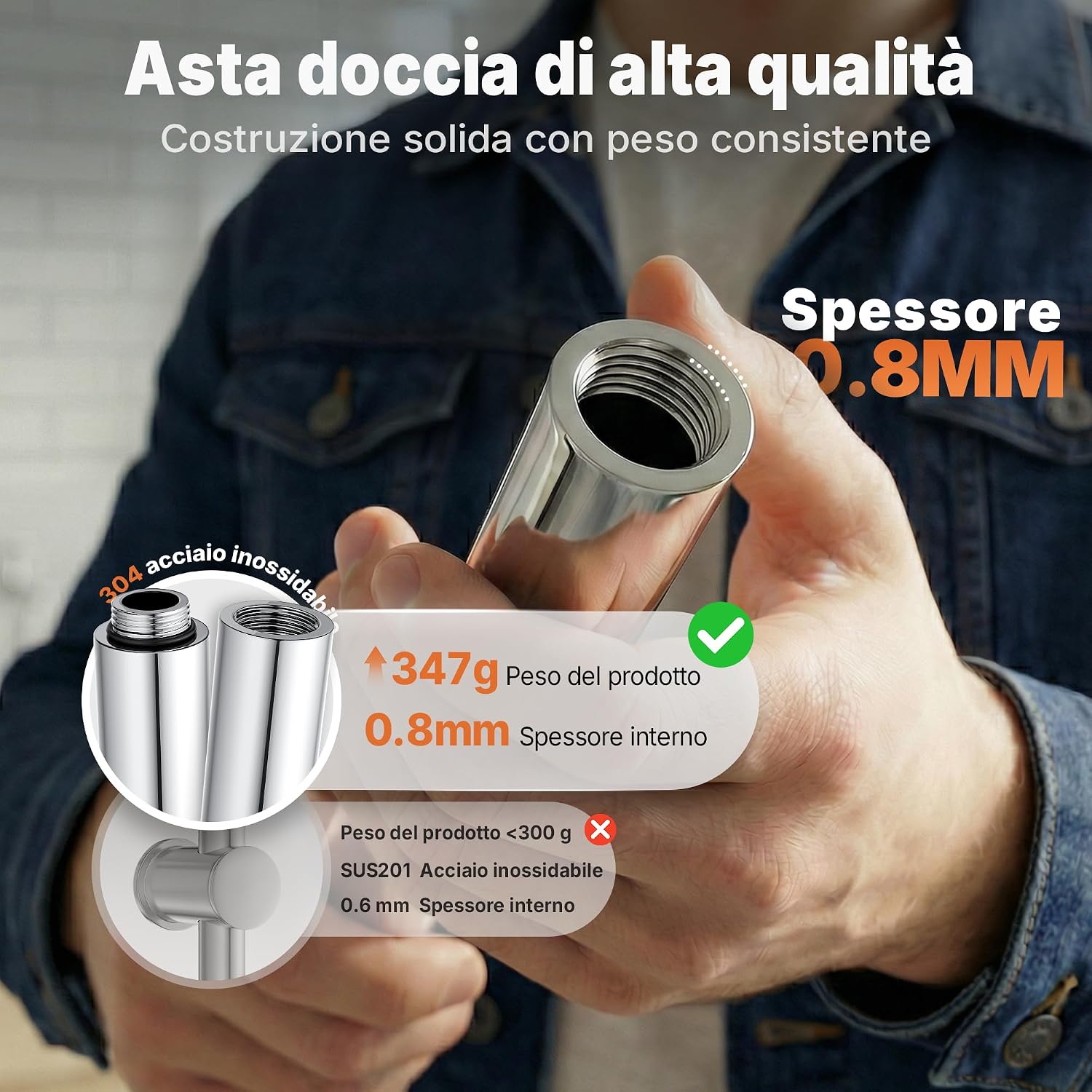 Detalle de MORADO: Barra scorrevole per doccia in acciaio inox 68 cm, finitura cromata, regolabile in altezza