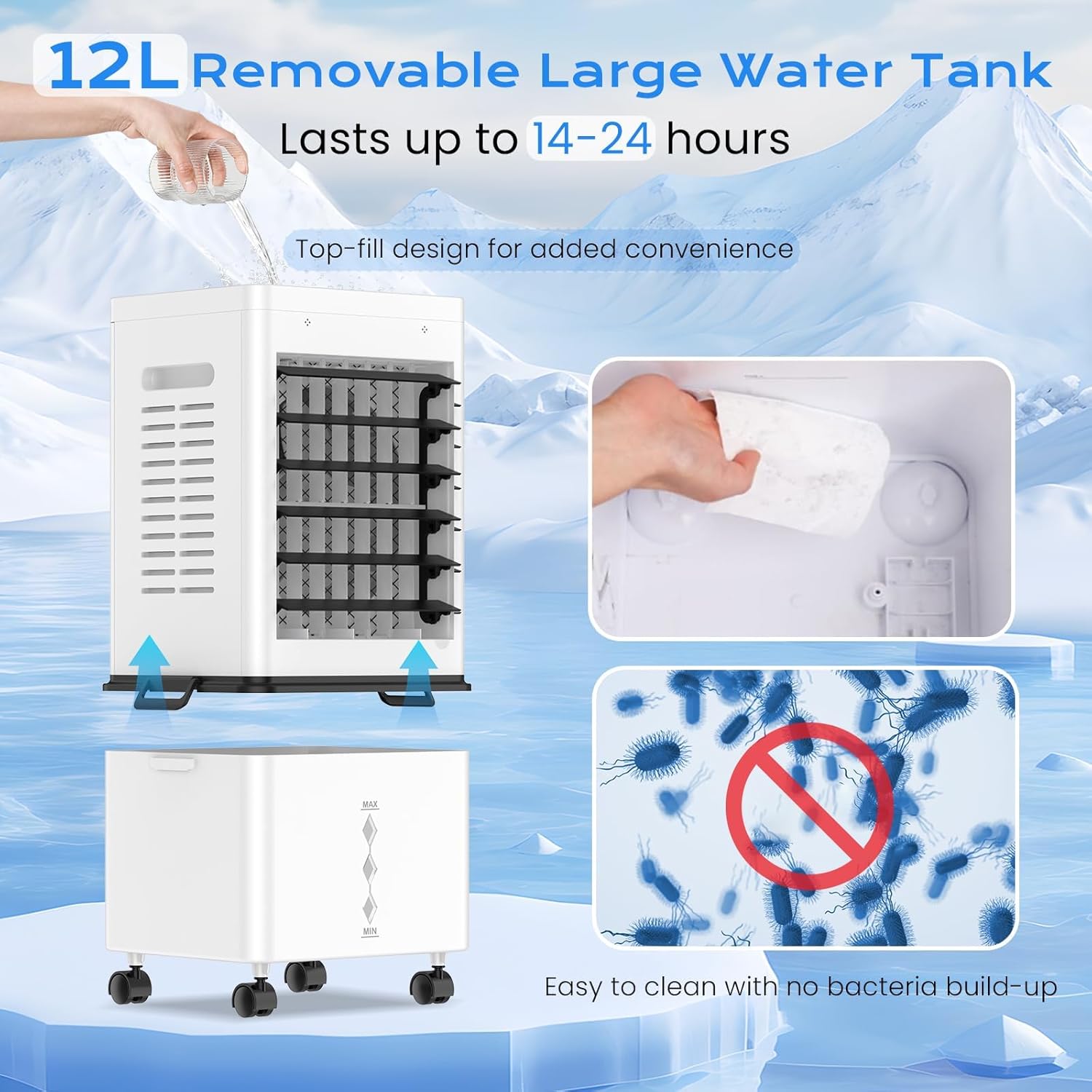 Detalle de Klimaanlage Mobil 45W – Tragbarer Verdunstungskühler mit 12 L Tank, 3-seitiger Lufteinlass, 6 Geschwindigkeiten, 24 h Timer, 60/120° Oszillation