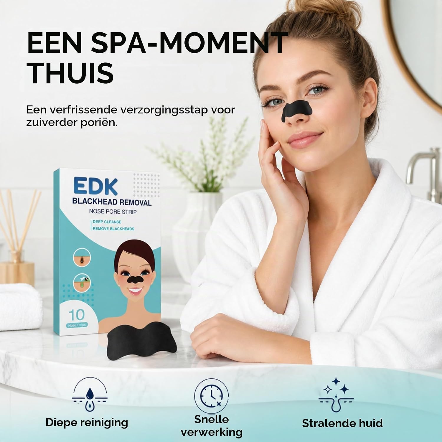 Detalle de EDK neusstrips tegen mee-eters, met collageen, vitamine C en hyaluronzuur