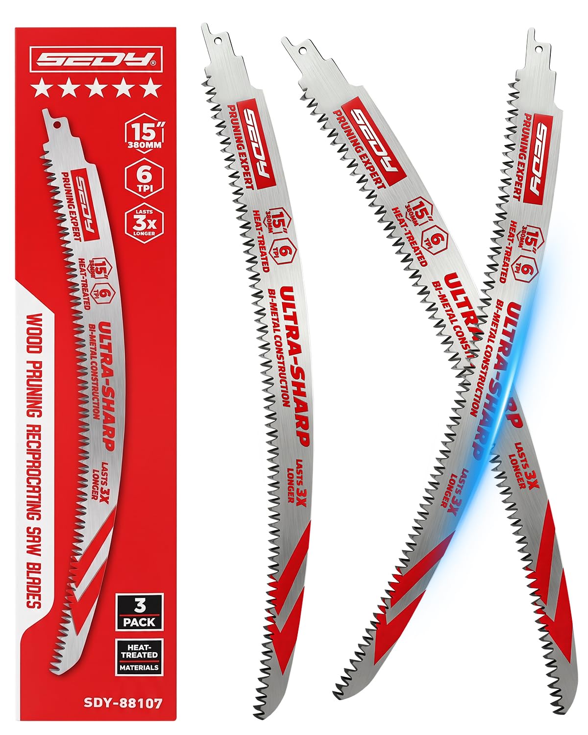 Detalle de SEDY 88107 15-Inch Reciprocating Saw Blades, Japanese Teeth, 6 TPI, 3-Pack
