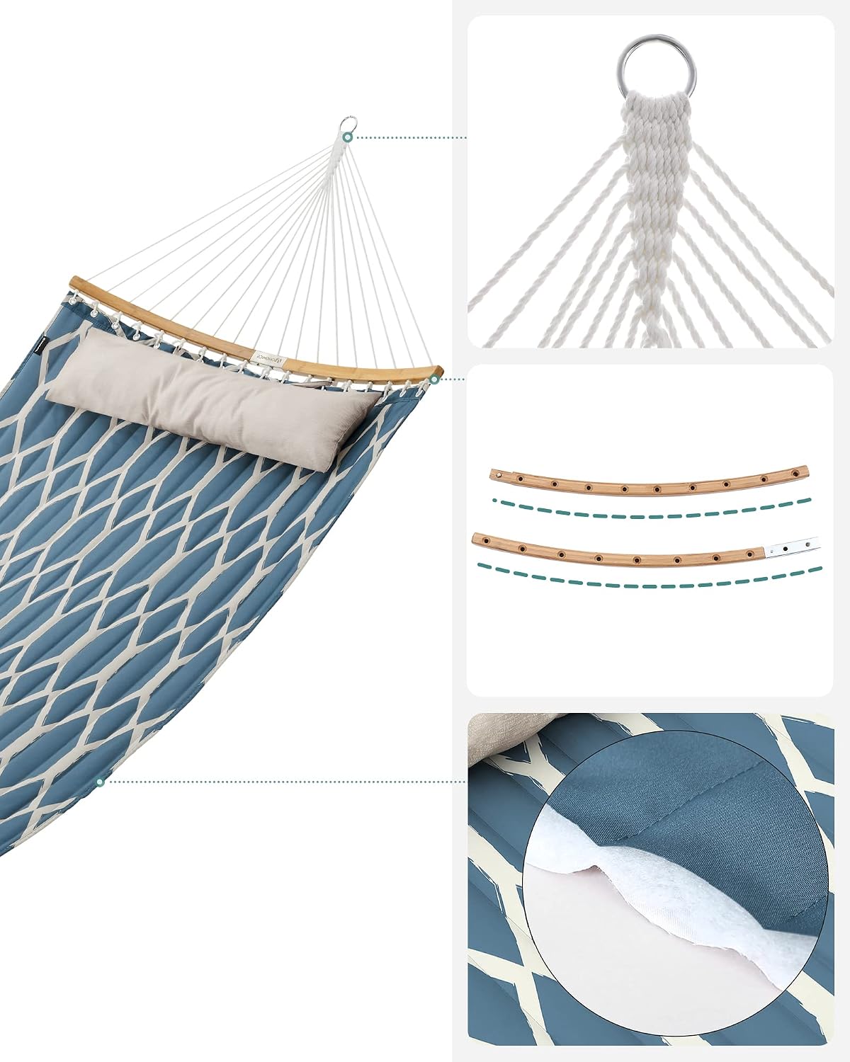 Detalle 2 de SONGMICS hamak pikowany 200 × 140 cm z bambusowymi drążkami, niebiesko-beżowy