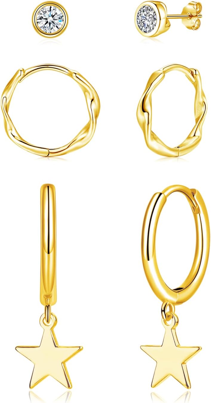 Detalle de Kamise Ohrringe Silber 925 – Set mit 3 Paar Ohrringe (Stirn, Creolen, Stern) für Damen