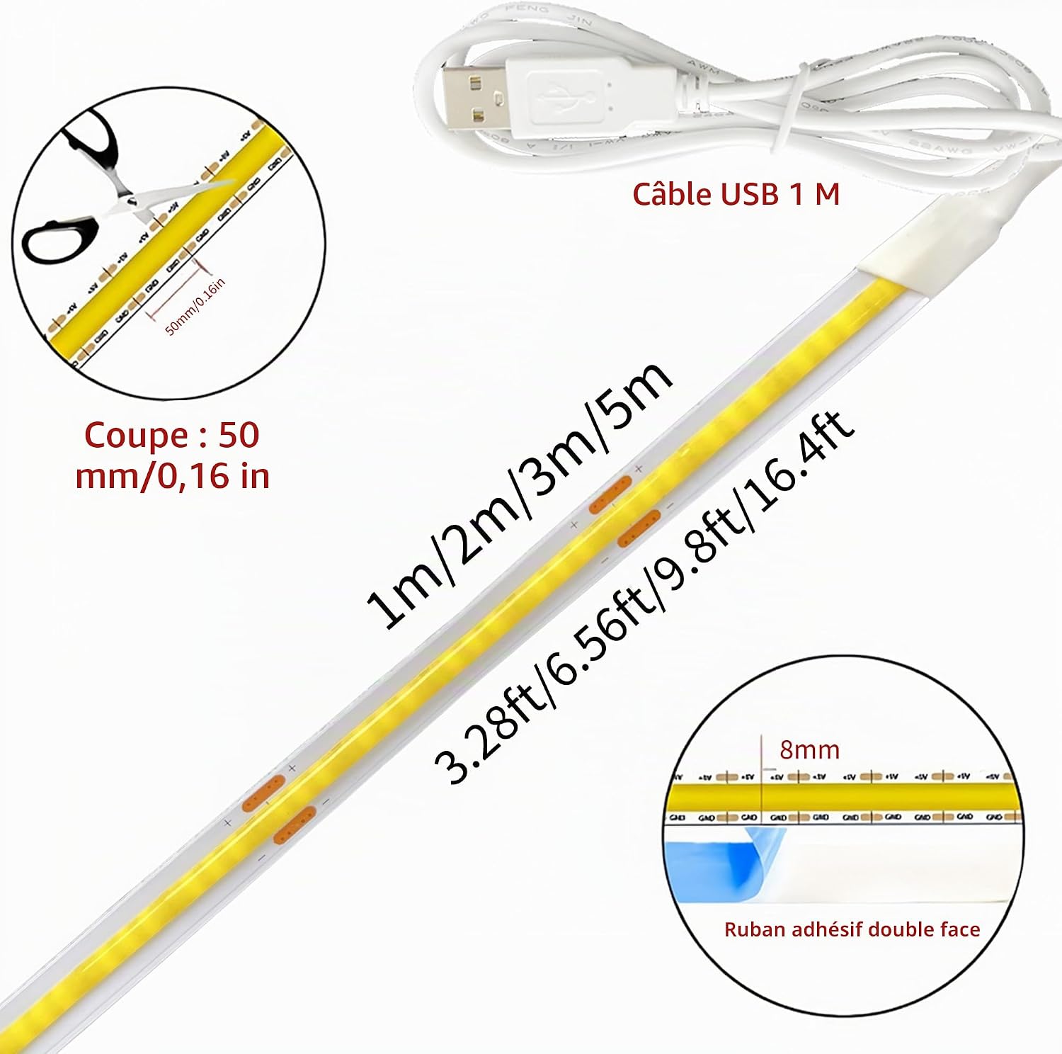Detalle de Clearhill 5VCOBUSB-5-3000K COB-ledstrip, 5 m, warmwit, 320 leds/m