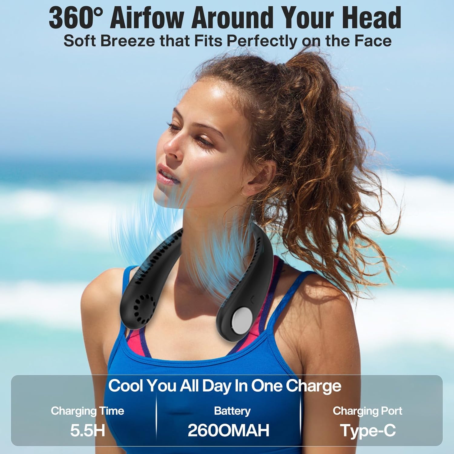 Thumbnail 1 de Portable Hanging Neck Fan (Bladeless) with 360° Airflow, 3 Speeds and Rechargeable Type-C – Black