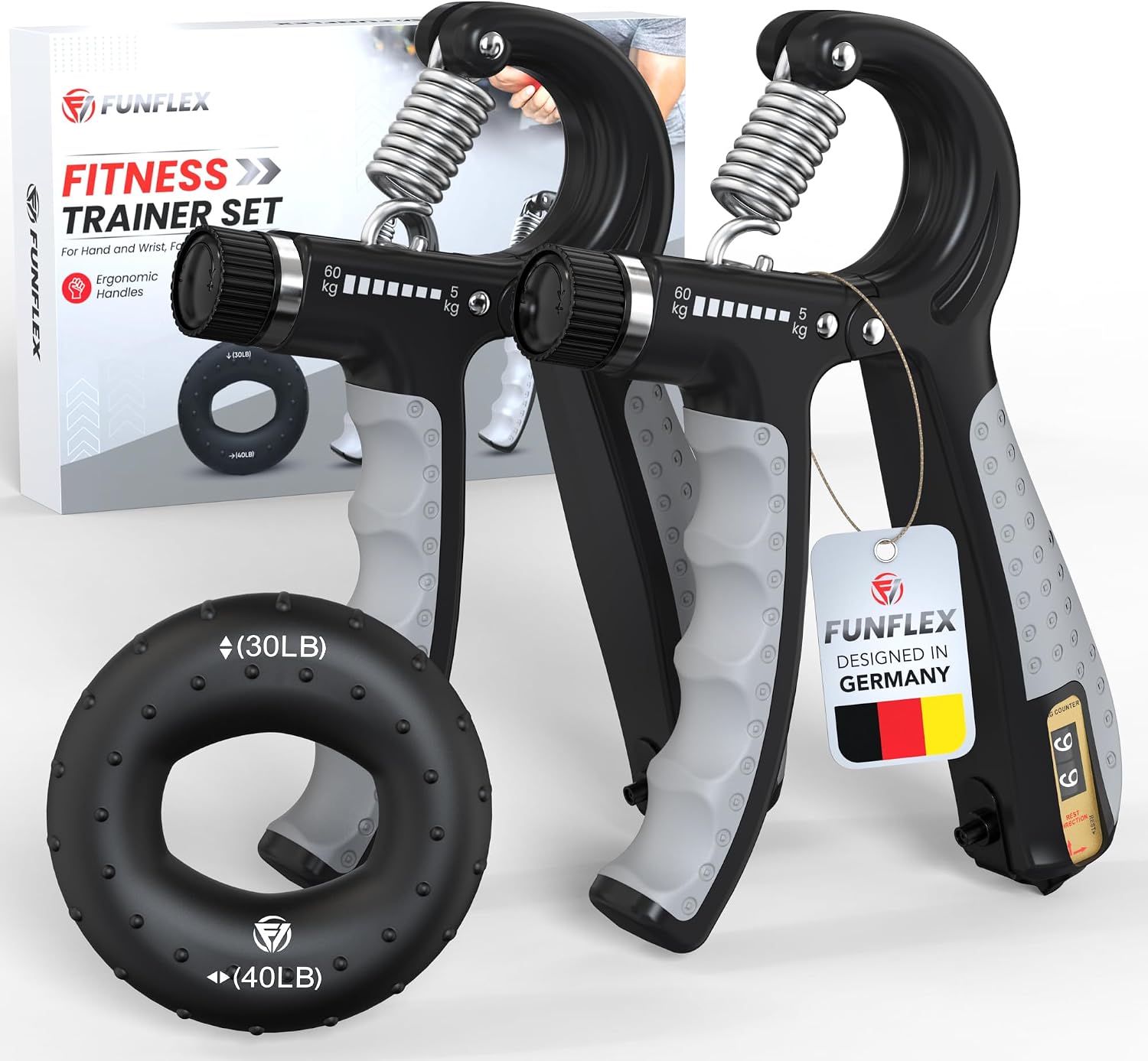 Detalle de FUNFLEX verstelbare handtrainer met teller, weerstand van 5 tot 60 kg